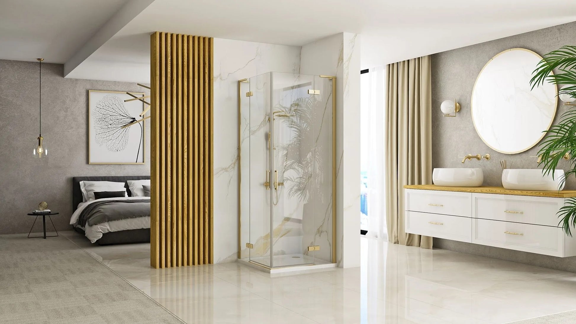 Душ кабина Rea Hugo Gold Brush 80x80 - квадратна 80x80 с бронирани стъкла, обков brushed gold, антикалк, онлайн магазин KERANOVA