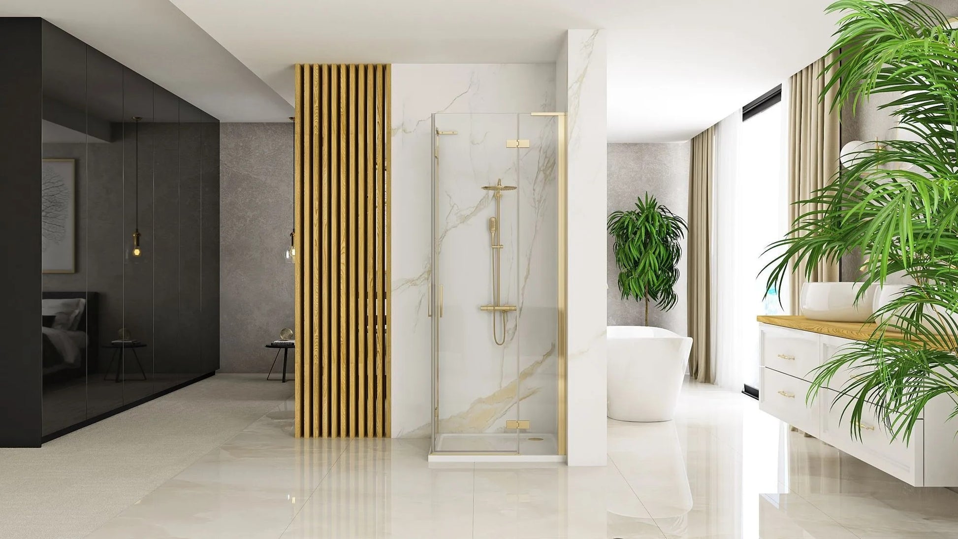 Душ кабина Rea Hugo Gold Brush 80x80 - квадратна душ кабина с закалени стъкла и обков brushed gold, онлайн магазин за обзавеждане KERANOVA