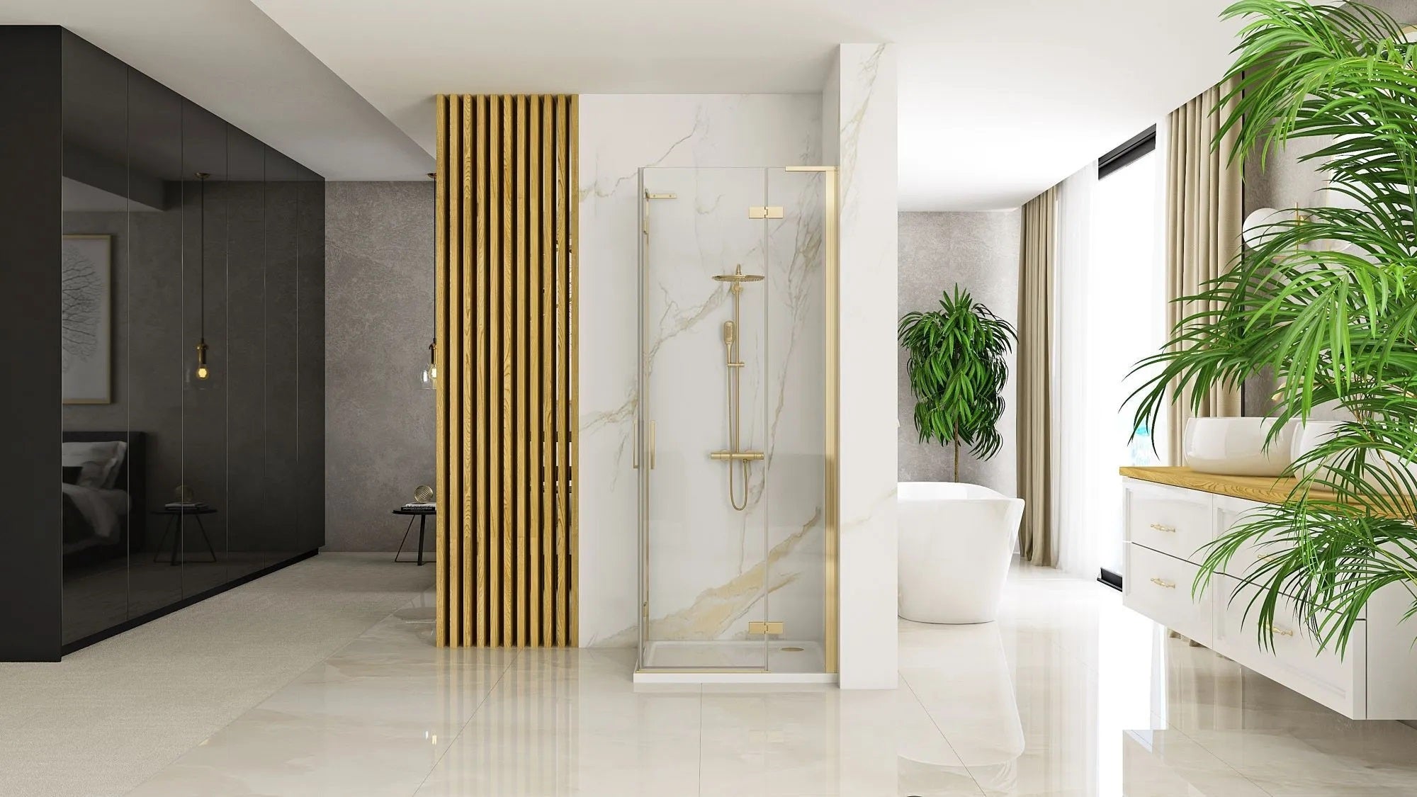 Душ кабина Rea Hugo Gold Brush 80x80 - квадратна душ кабина с закалени стъкла и обков brushed gold, онлайн магазин за обзавеждане KERANOVA