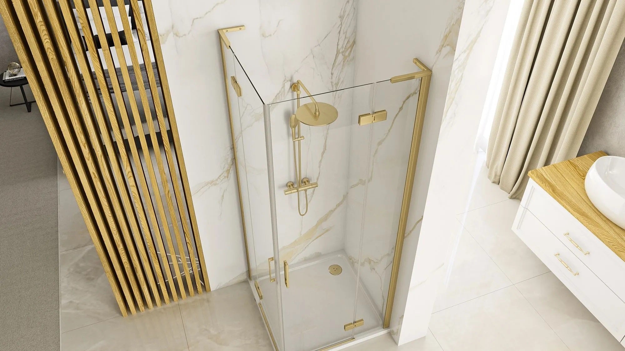 Душ кабина Rea Hugo Gold Brush 90x90 с матово златен обков, антикалк стъкла и магнитни уплътнения - онлайн магазин KERANOVA