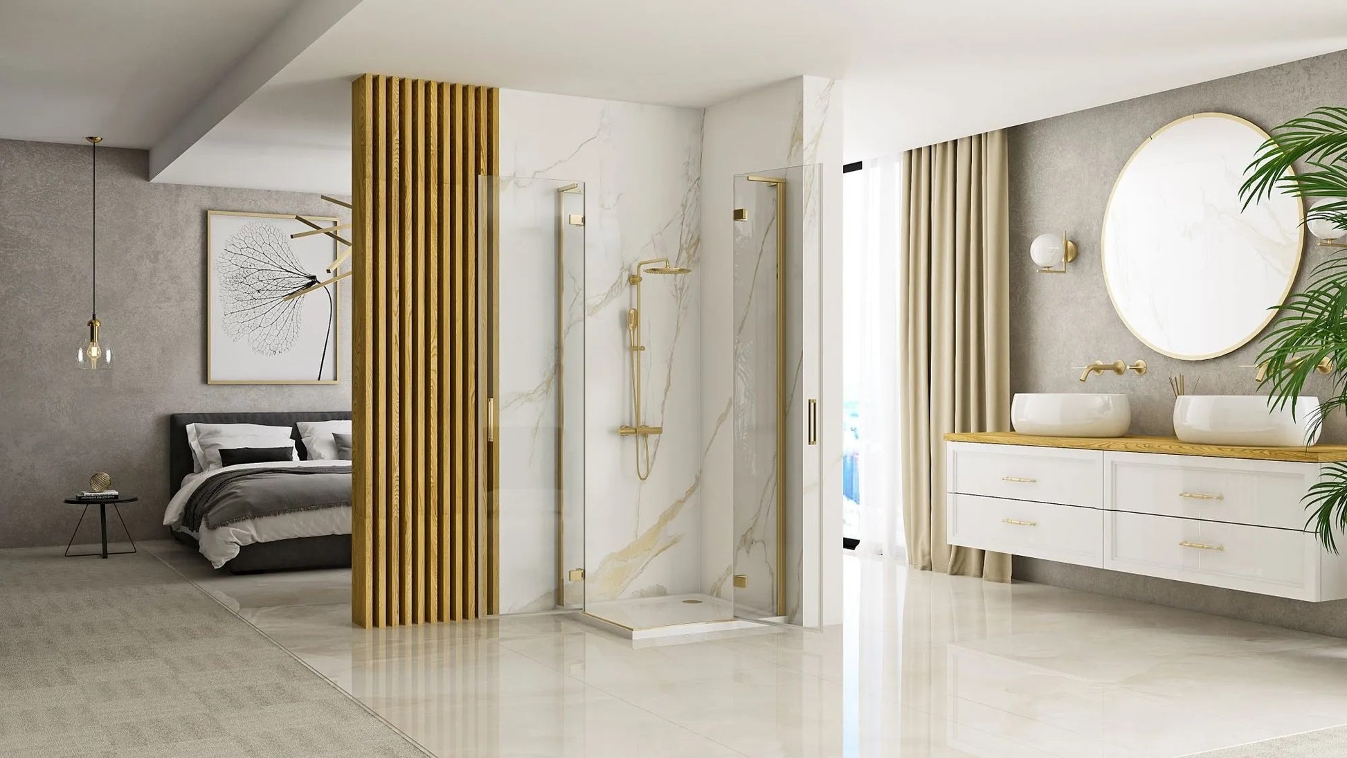 Душ кабина Rea Hugo Gold Brush 90x90 в луксозен банен интериор, стъкла с антикалк и обков brushed gold - KERANOVA