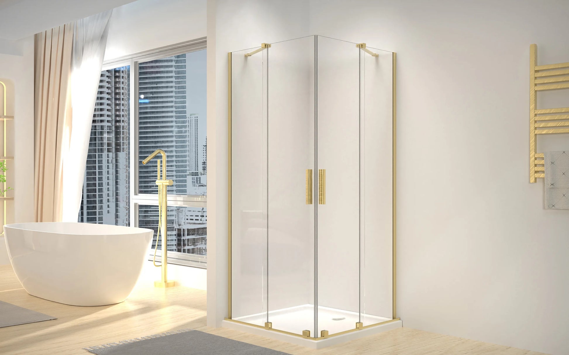 Душ кабина Rea Montana Double Brushed Gold 90x90 - квадратна 90x90 с обков в драскано злато, 6мм закалени стъкла и AntiCalc покритие - KERANOVA