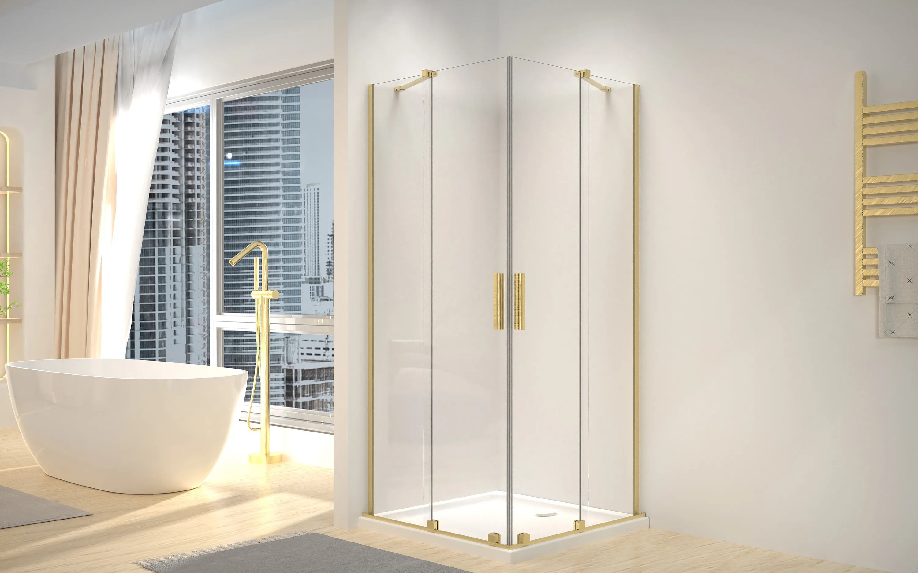 Душ кабина Rea Montana Double Brushed Gold 90x90 - квадратна 90x90 с обков в драскано злато, 6мм закалени стъкла и AntiCalc покритие - KERANOVA