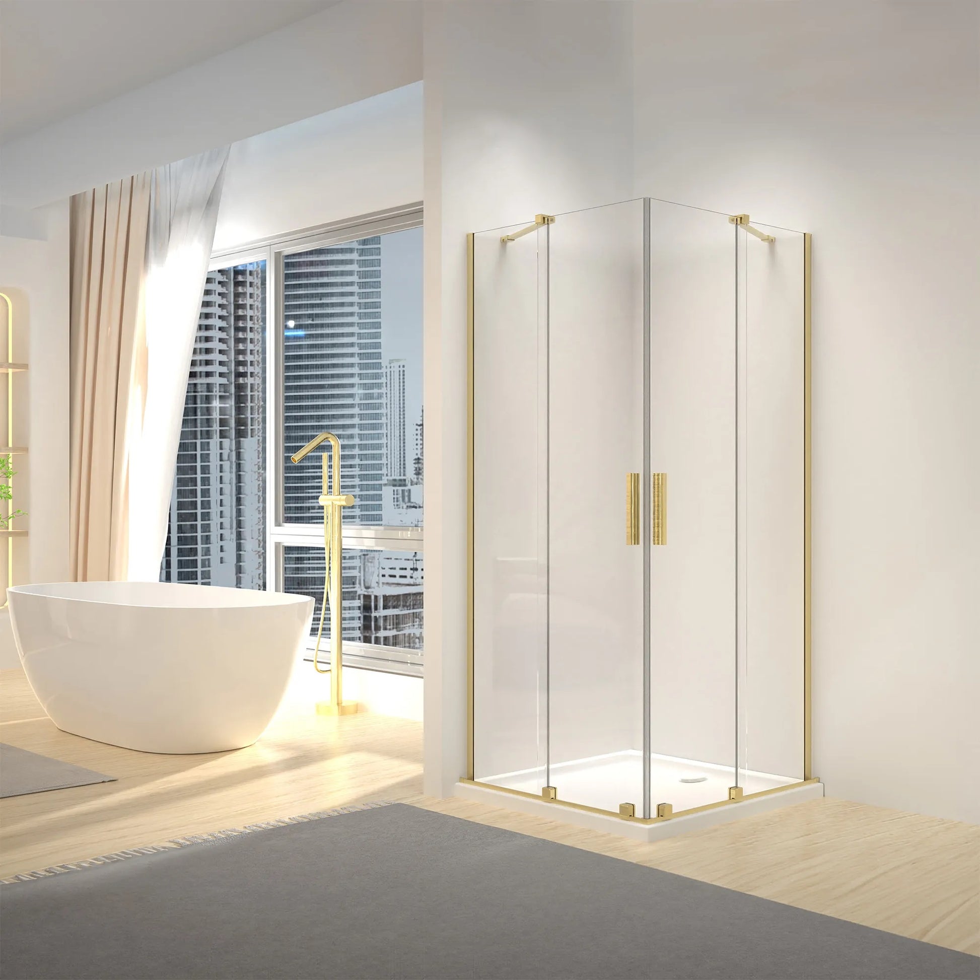 Душ кабина Rea Montana Double Brushed Gold 90x90 в модерна баня, прозрачно 6 мм стъкло и обков в драскано злато – KERANOVA онлайн магазин