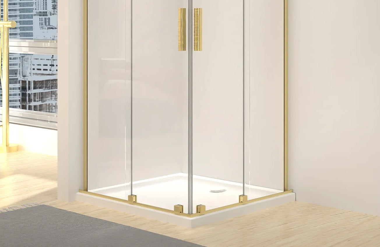 Душ кабина Rea Montana Double Brushed Gold 90x90 квадратна с две плъзгащи врати, 6 мм закалени стъкла, AntiCalc, обков драскано злато - KERANOVA