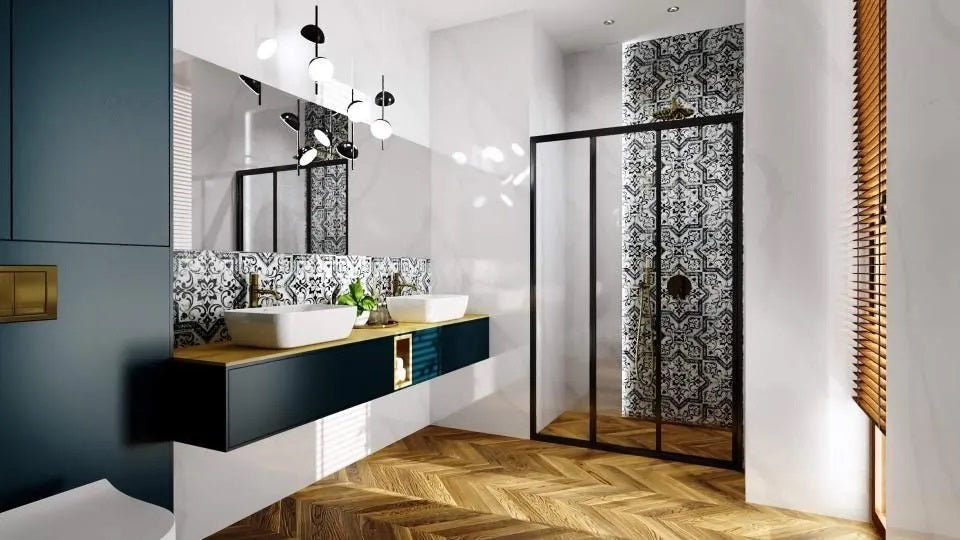 Alex Black 90 - 81,5-91,5 см. черен алуминиев профил стъклен параван за баня с две плъзгащи и една статична част, KERANOVA