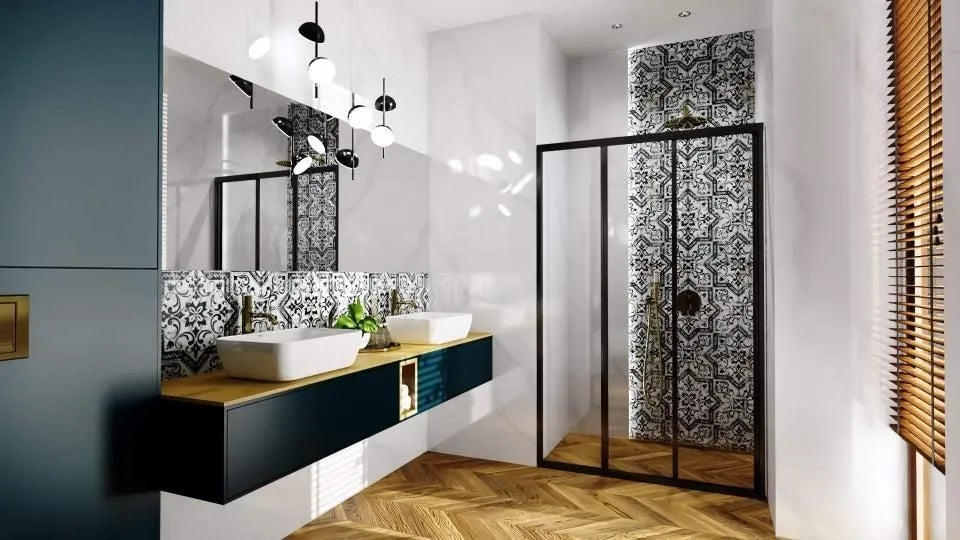 Alex Black 90 - 81,5-91,5 см. Черен алуминиев стъклен параван за баня REA-K9638 с две плъзгащи и една статична част, 4 мм закалено стъкло