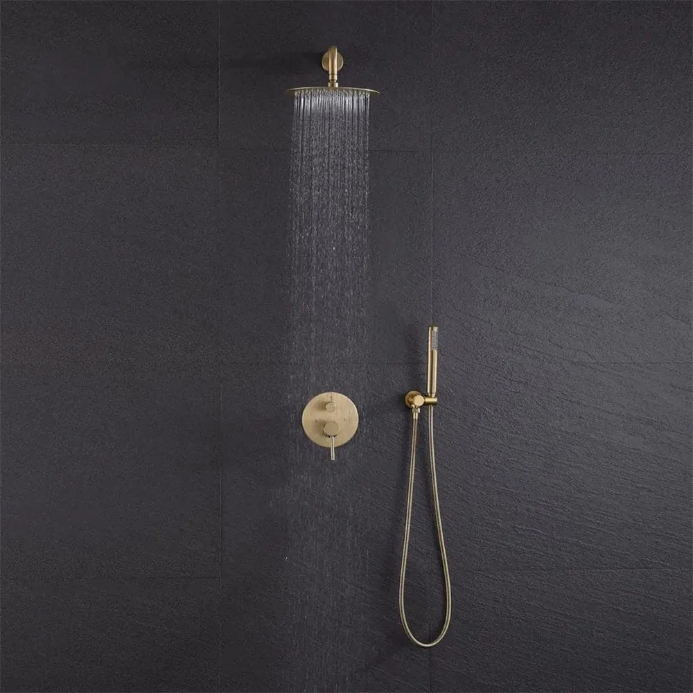 Комплект Clif Gold Brush - матирано злато: златен мат душ комплект с вграден смесител, душ пита 25 см и ръчен душ за KERANOVA