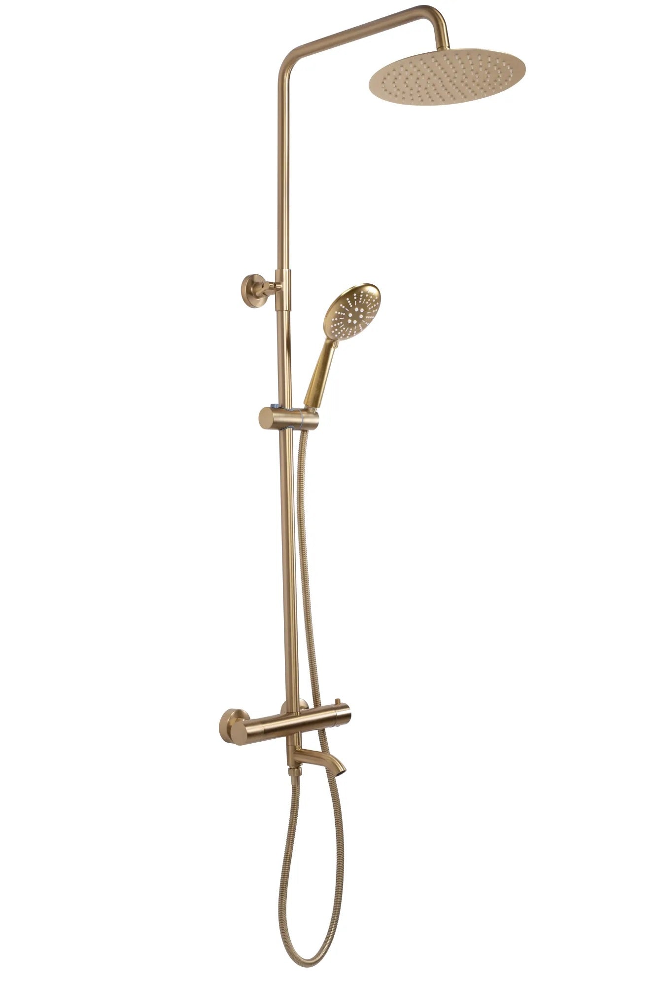 Комплект Clif Lungo Gold Brush - матирано злато душ система с телескопична колона, ултратънка душ пита и ръчен душ за баня KERANOVA