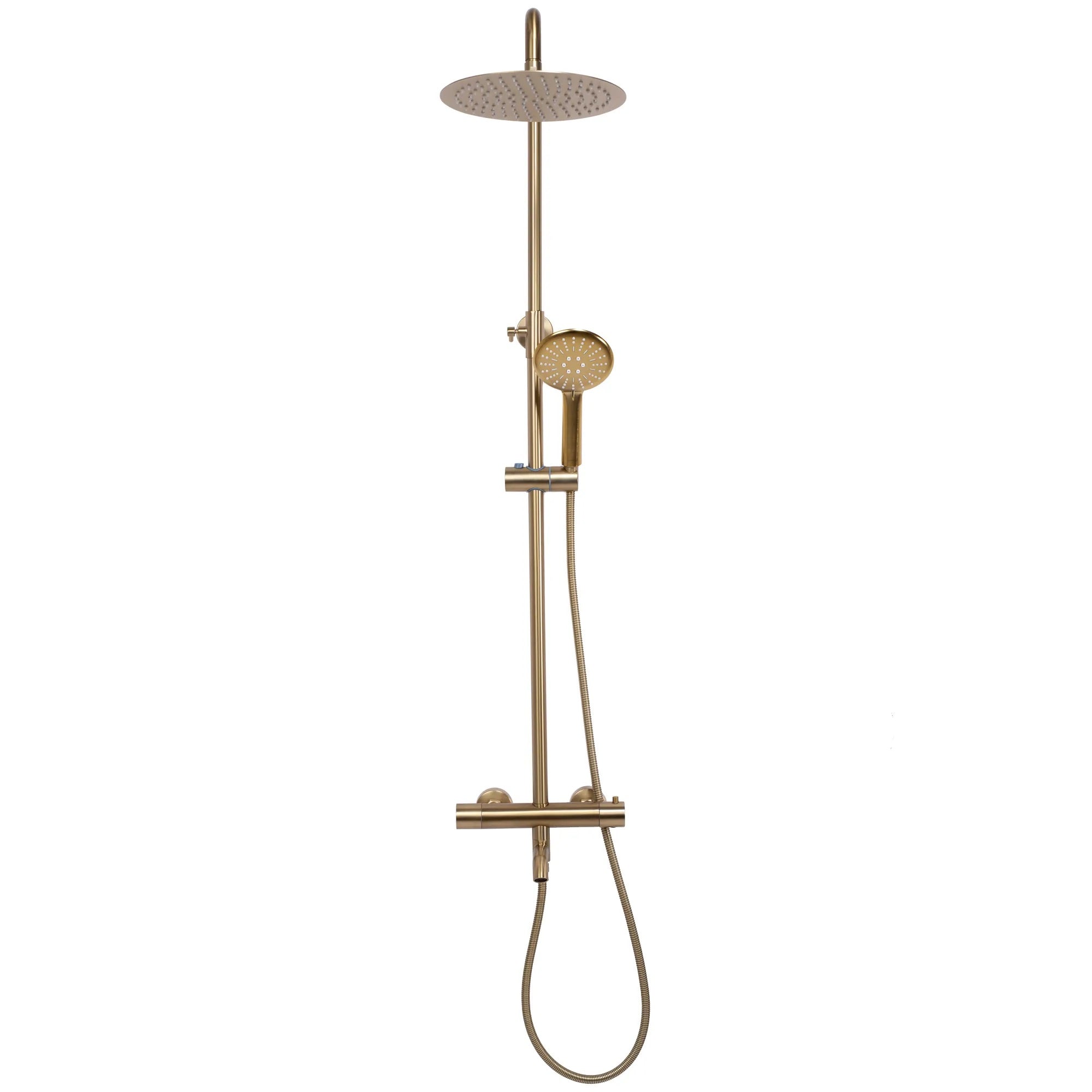 Alt Tag: Комплект Clif Lungo Gold Brush - матирано злато душ система, златен мат PVD, телескопична колона, триточков превключвател за баня KERANOVA