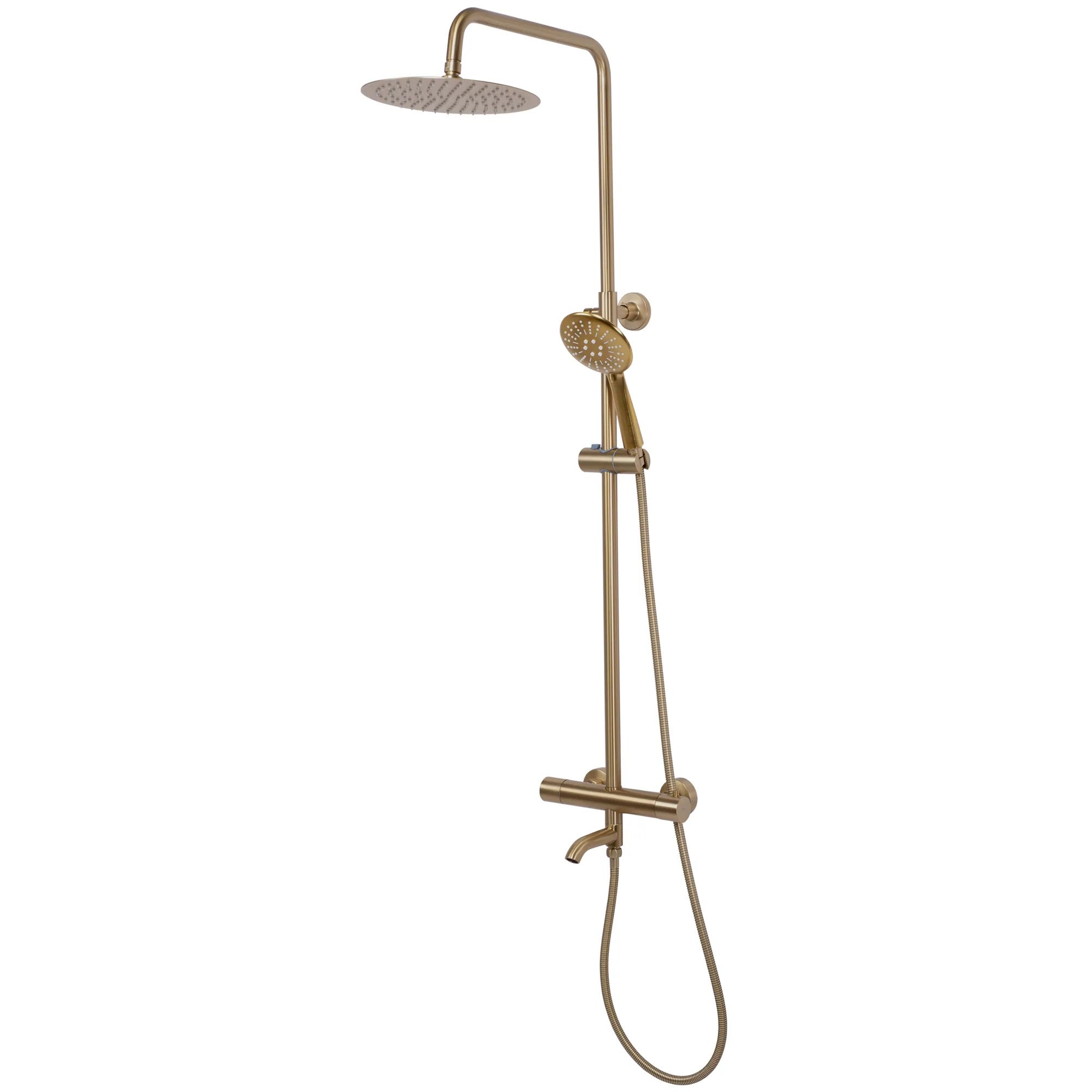 Комплект Clif Lungo Gold Brush - матирано злато душ система с тръбна колона, ултратънка пита и подвижен ръчен душ за KERANOVA онлайн магазин