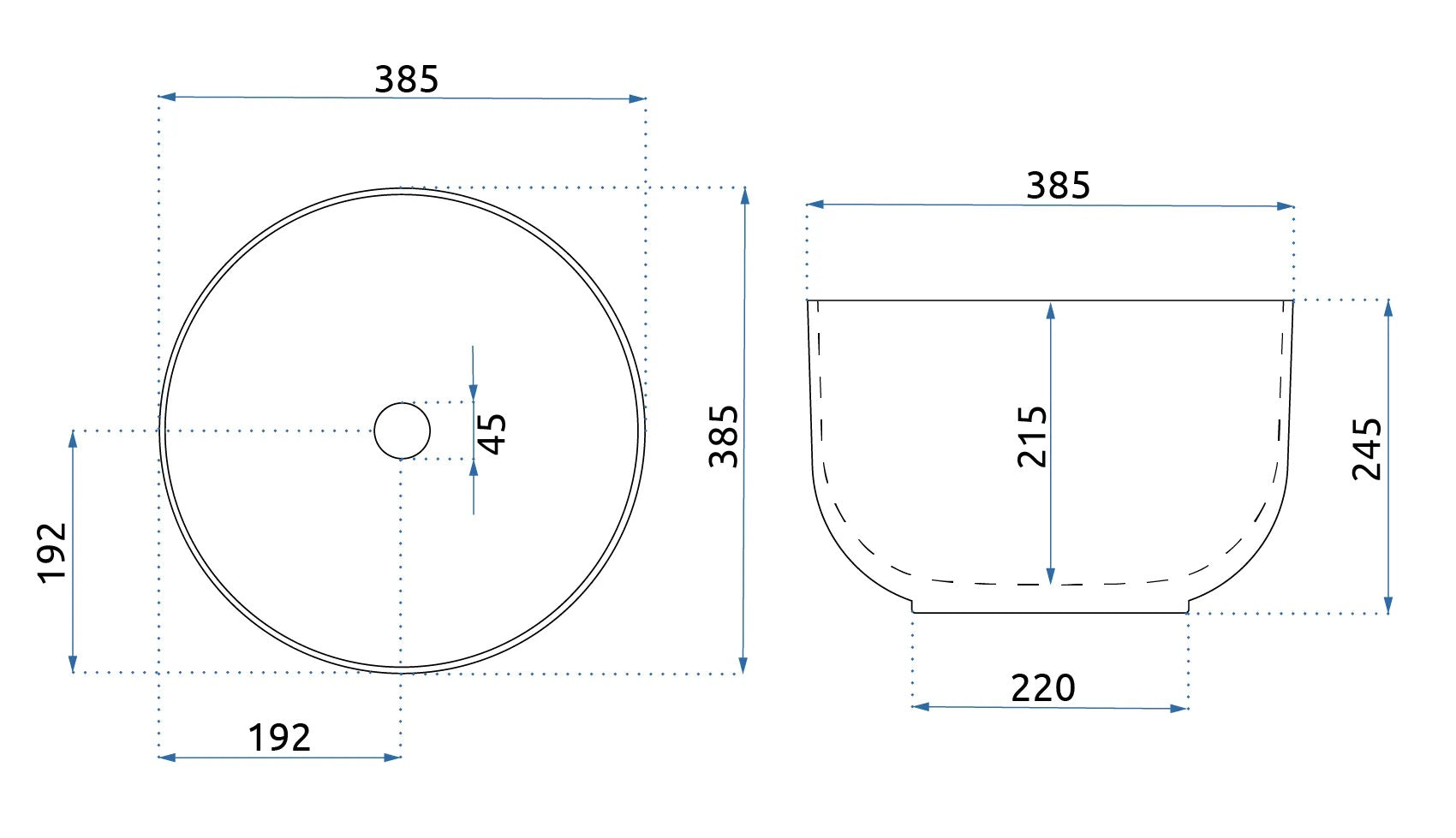 Умивалник за плот Malena Ф38,5 см. тънкостенна снежнобяла порцеланова мивка за плот, размери Ф385×В245 мм