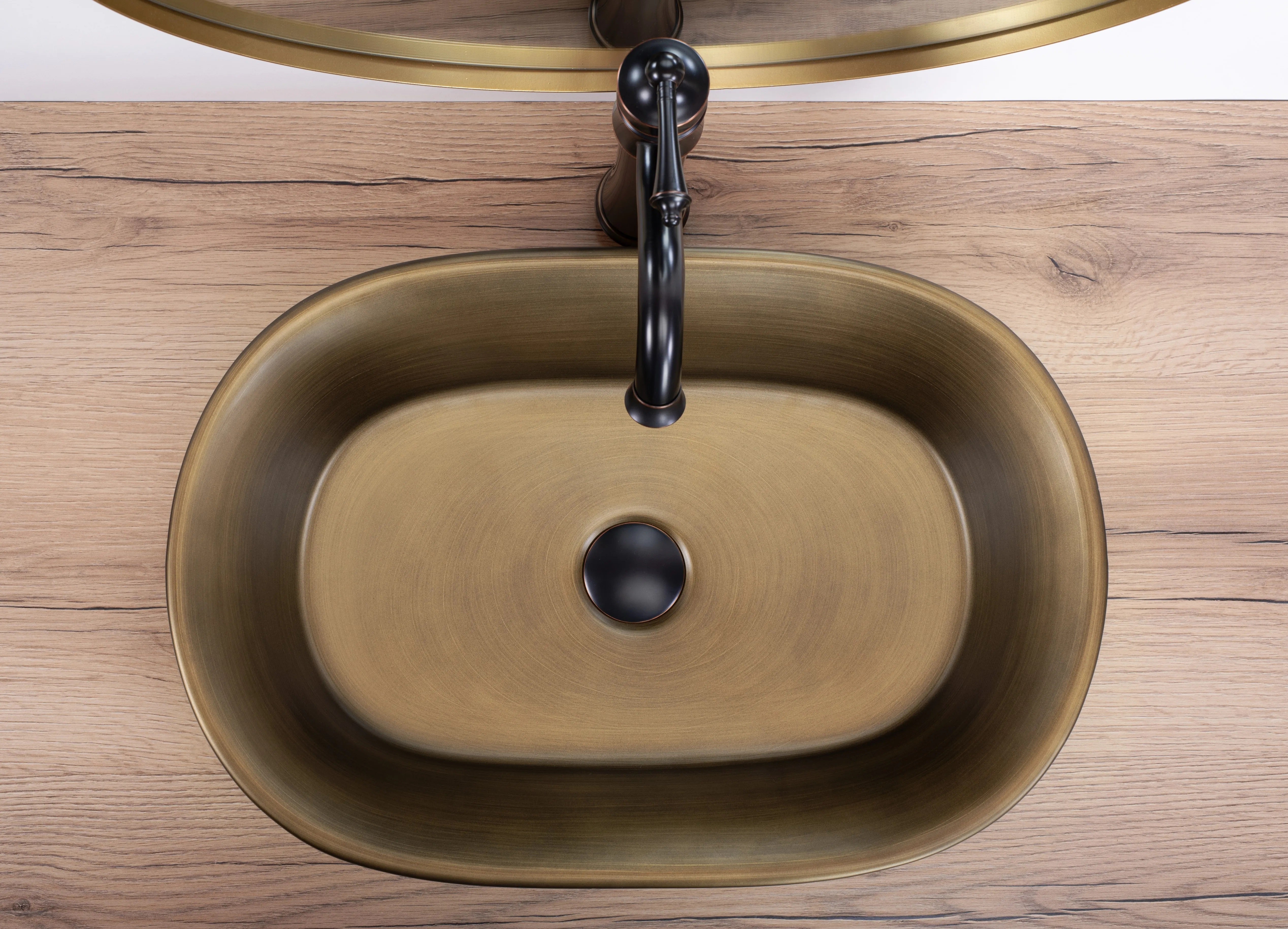 Alt Tag: Умивалник за плот Wilma Rustic 55х38 см. в старо злато – дизайнерски четкан умивалник за баня от KERANOVA, монтаж върху плот