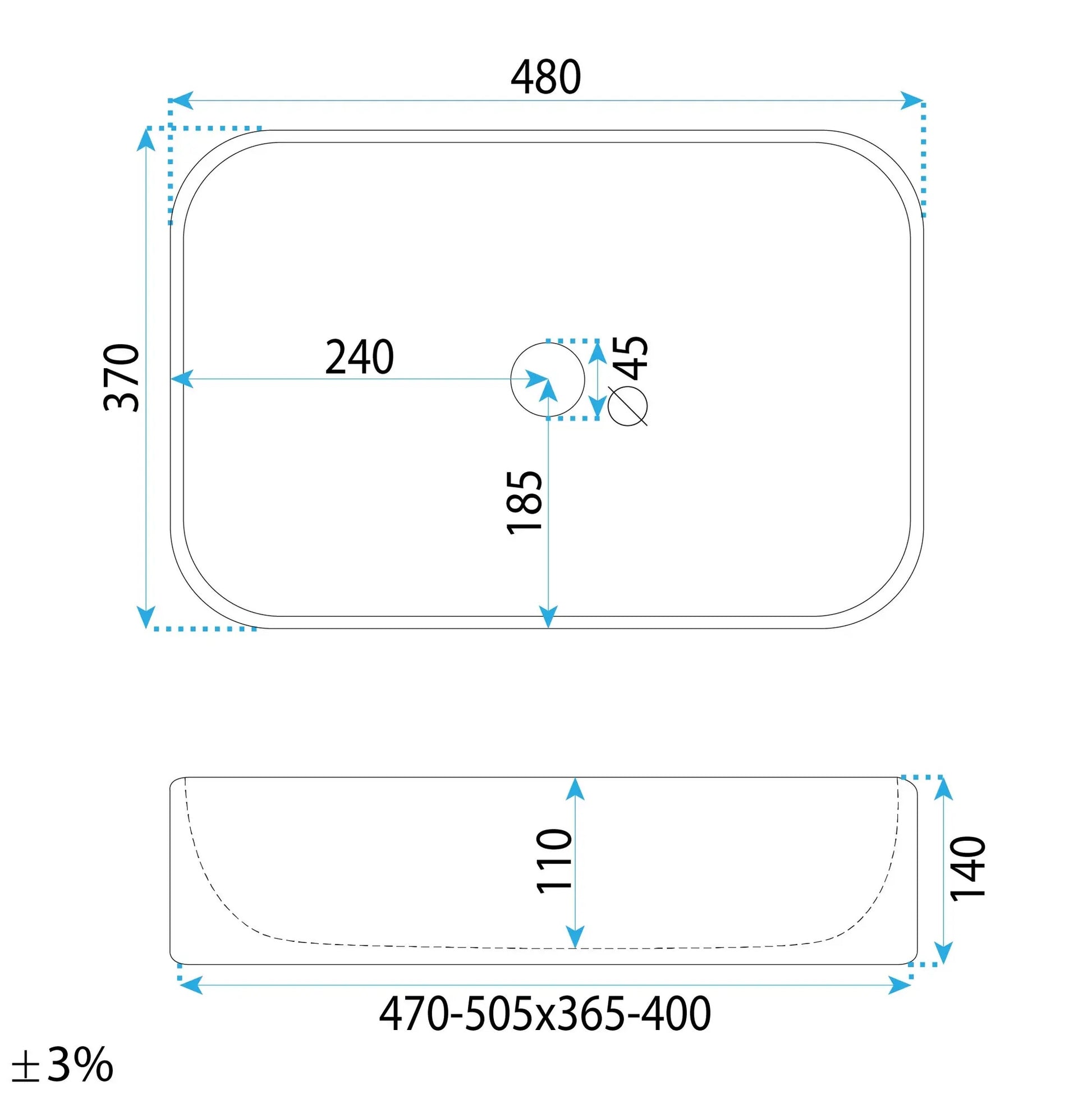 Умивалник за плот Atria 48х37 см. – схема с размери 480x370 мм и отвор Ø45, мивка за баня за плот