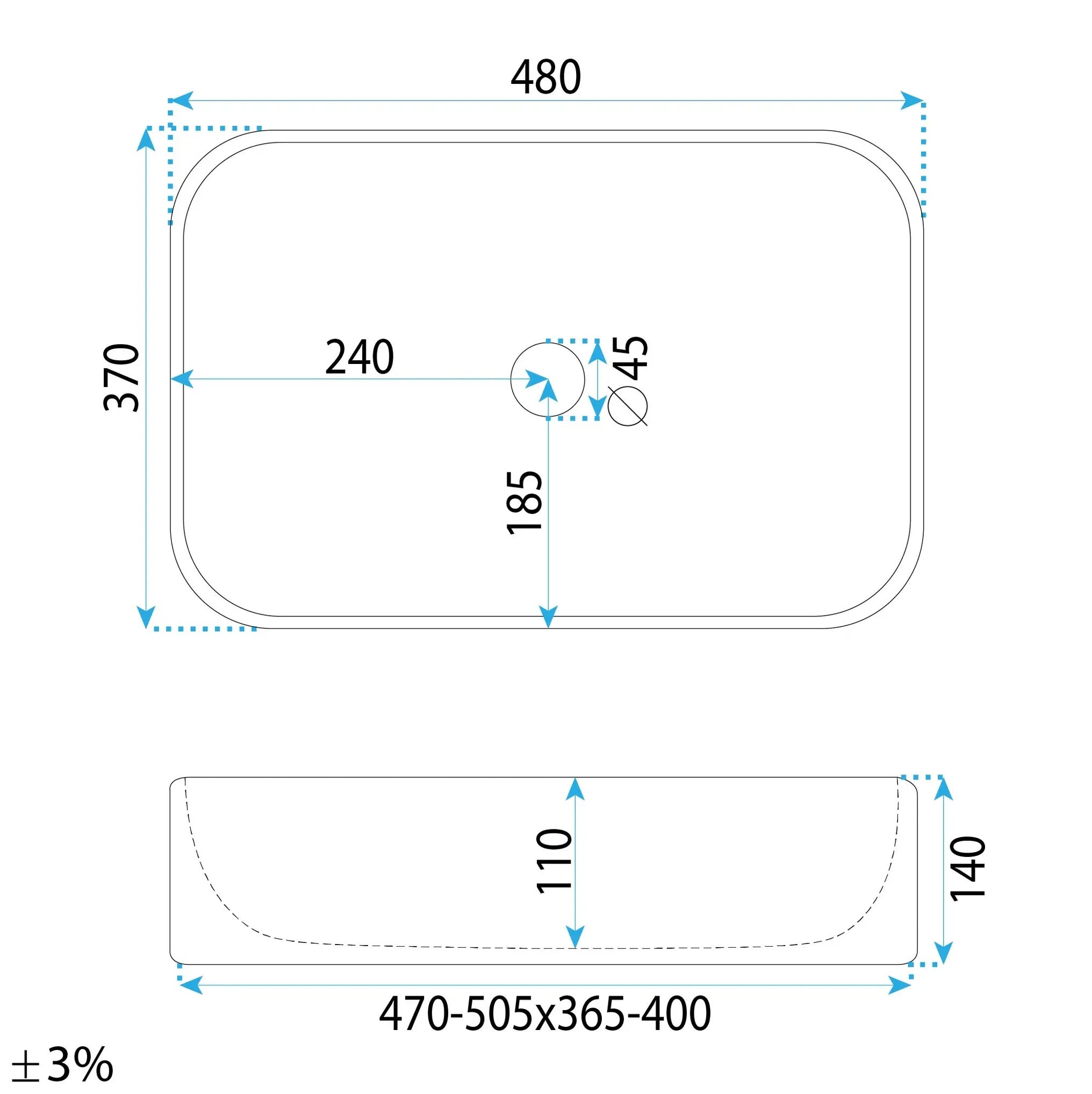 Умивалник за плот Atria 48х37 см. – схема с размери 480x370 мм и отвор Ø45, мивка за баня за плот