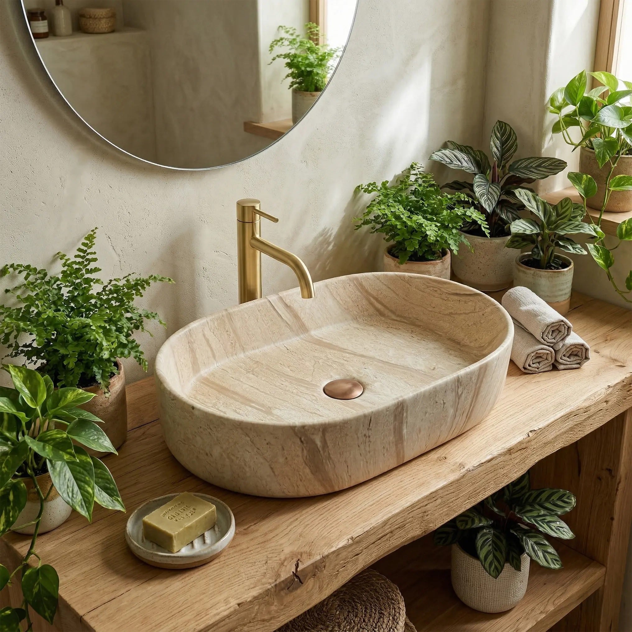 Умивалник за плот Nadia 60 Sahara с елегантно матово покритие и естествена текстура, разположен сред зелени растения.