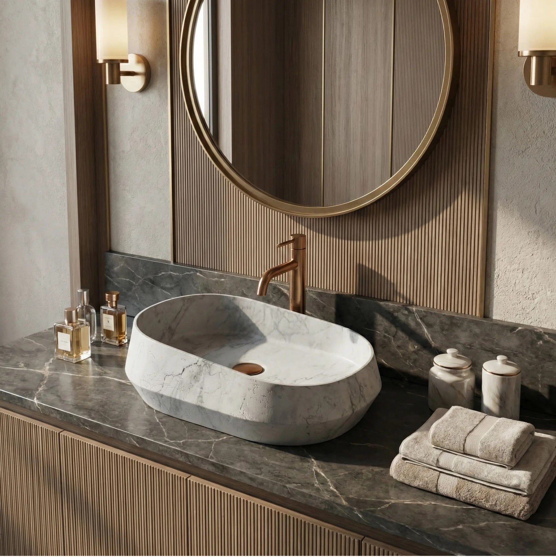 Умивалник за плот Zoe Venice 59х38 см. върху плот, мивка за баня с каменна текстура, смесител за баня и огледало за баня