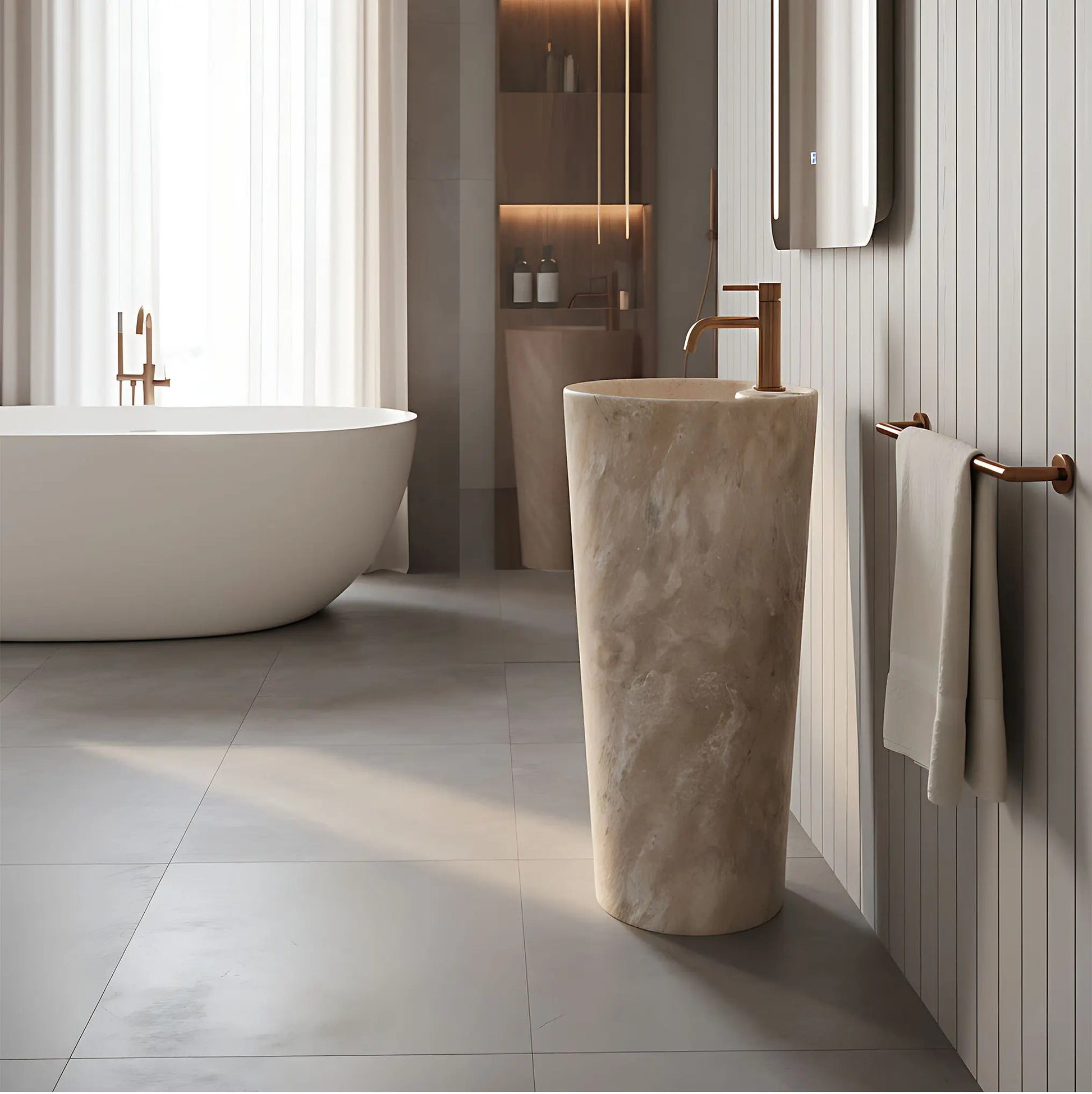 Свободностояща мивка Blanka Savana Matt Marble Ф40 см. луксозна мивка за баня с смесител, плочки за баня