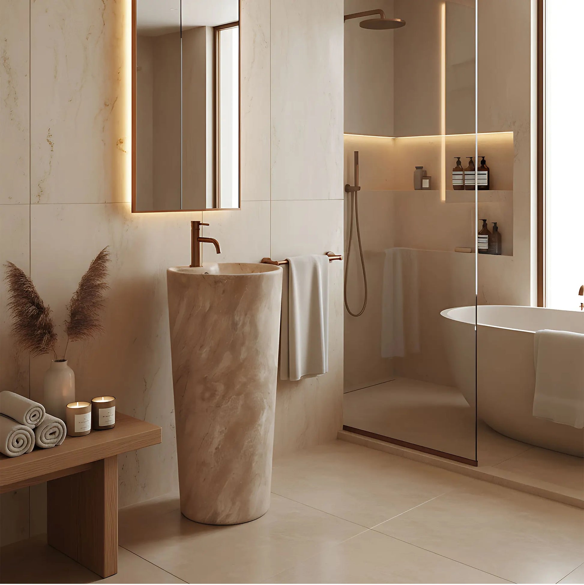 Свободностояща мивка Blanka Savana Matt Marble Ф40 см. в луксозна баня с душ кабина, душ параван, смесител за баня и плочки
