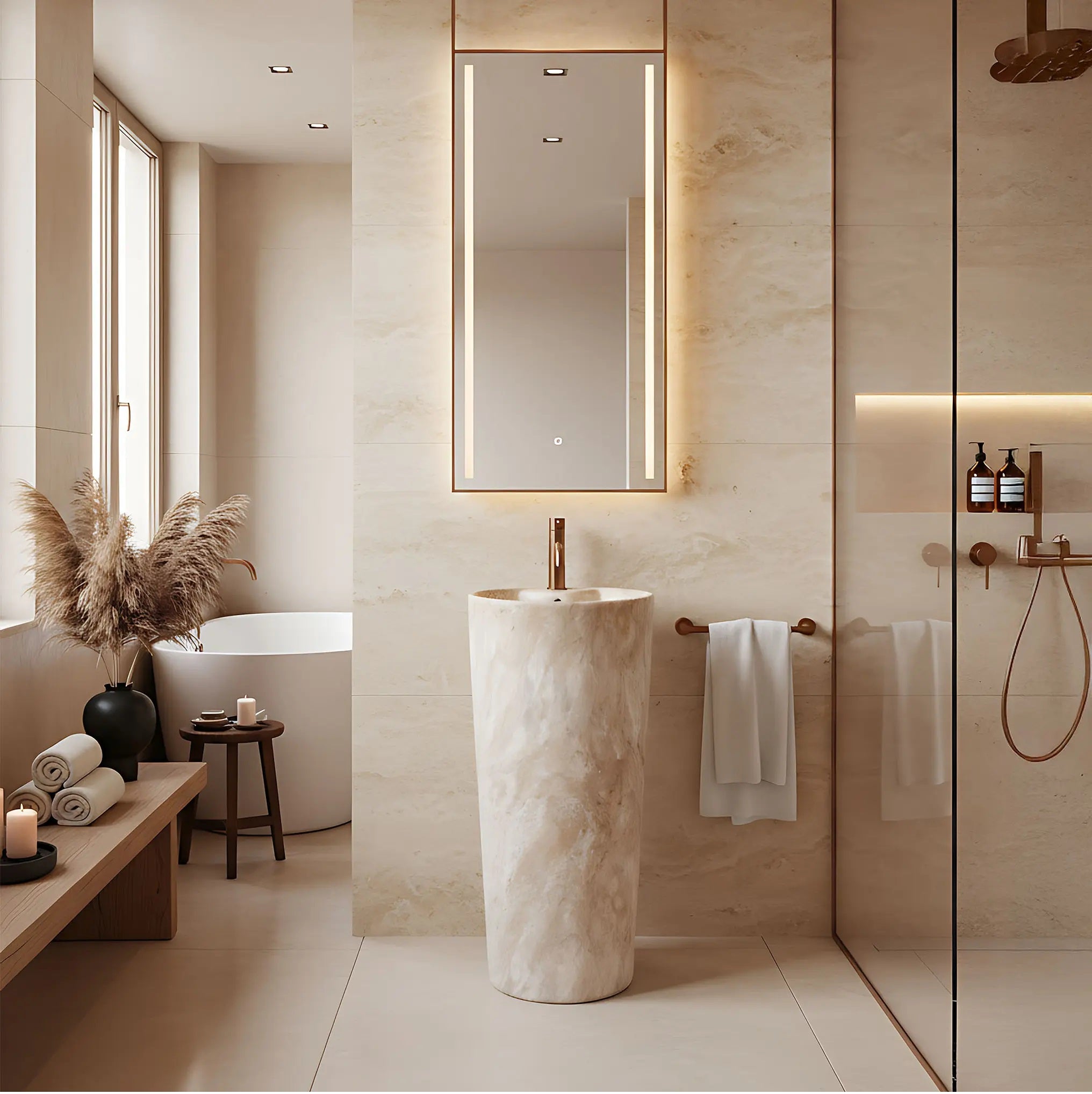 Свободностояща мивка Blanka Savana Matt Marble Ф40 см. в луксозна баня с душ кабини, душ паравани, смесители и плочки за баня