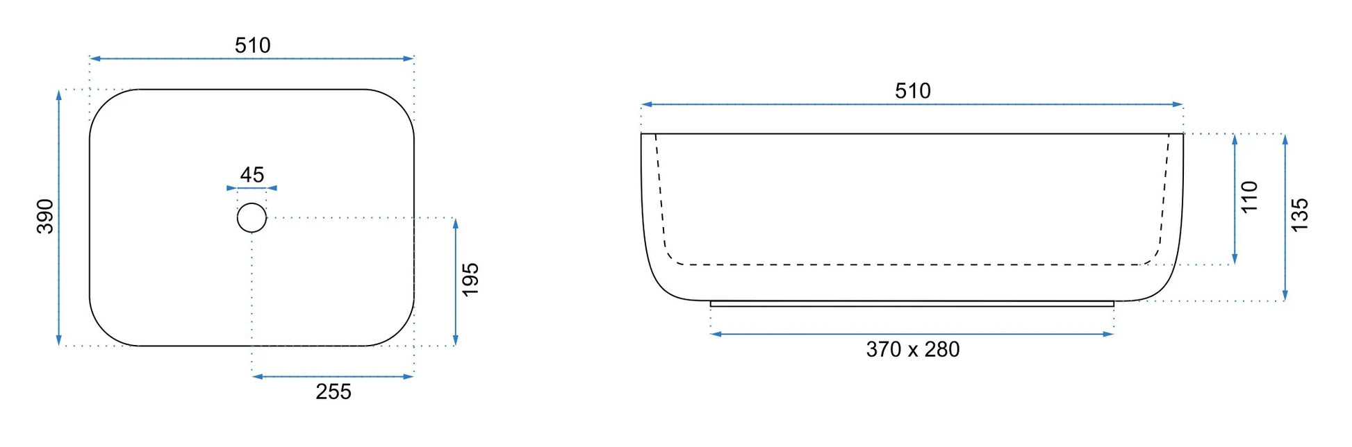 Умивалник за плот Demi Aiax Shiny 51х39 см. дизайнерски умивалник за плот с мраморен декор, технически размери и отвори, онлайн магазин за обзавеждане за бани KERANOVA