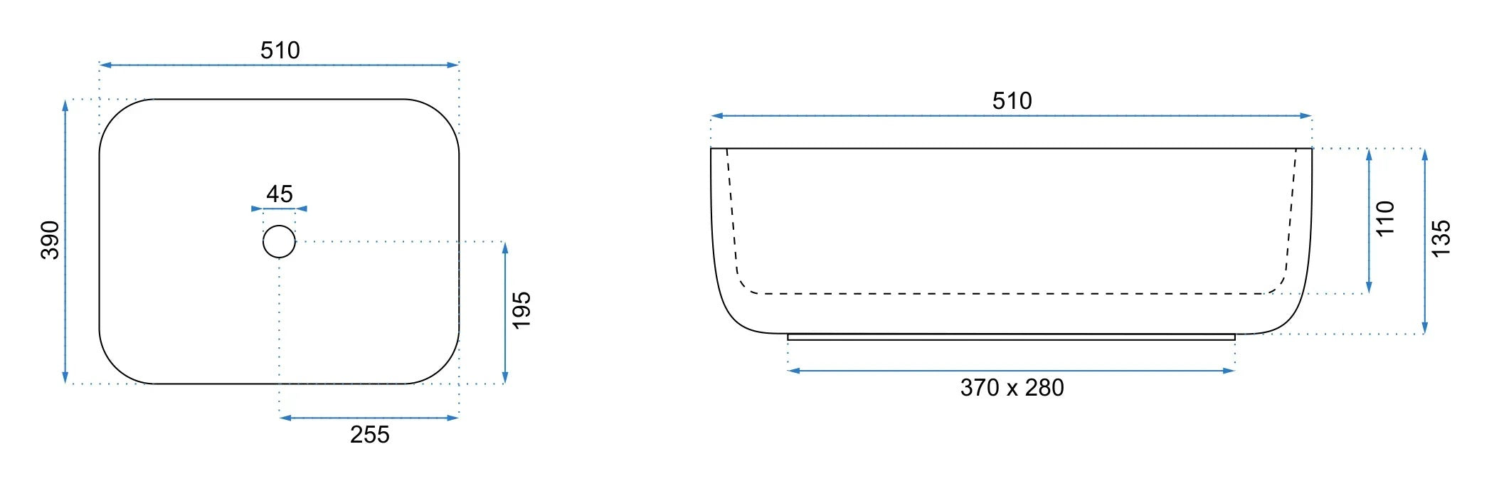 Умивалник за плот Demi Aiax Shiny 51х39 см. дизайнерски умивалник за плот с мраморен декор, технически размери и отвори, онлайн магазин за обзавеждане за бани KERANOVA