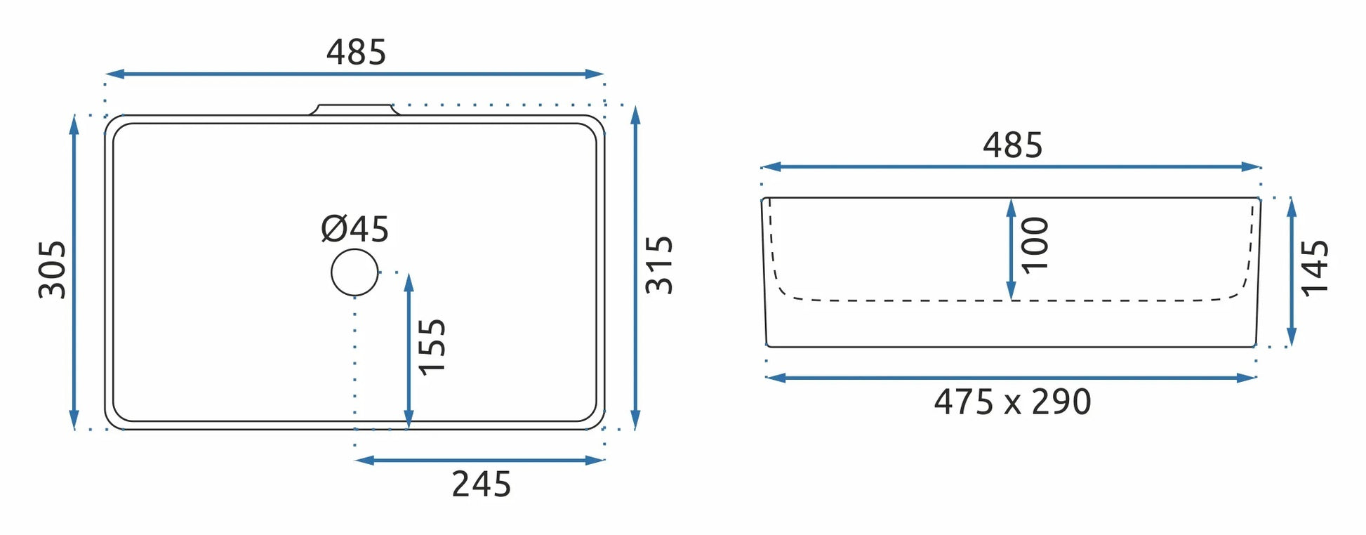 Умивалник за плот Berta 49х31 см. снежнобял порцеланов умивалник за монтаж върху плот, размери и технически схеми - онлайн магазин KERANOVA