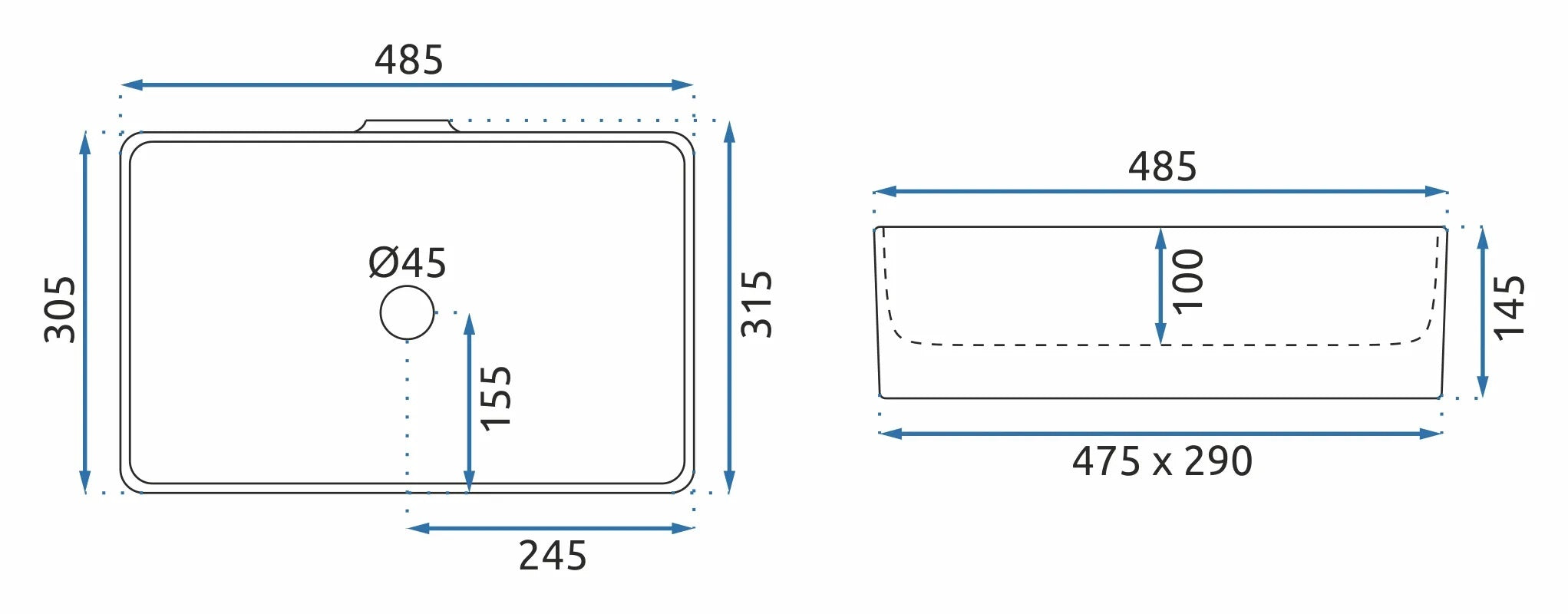 Умивалник за плот Berta 49х31 см. снежнобял порцеланов умивалник за монтаж върху плот, размери и технически схеми - онлайн магазин KERANOVA