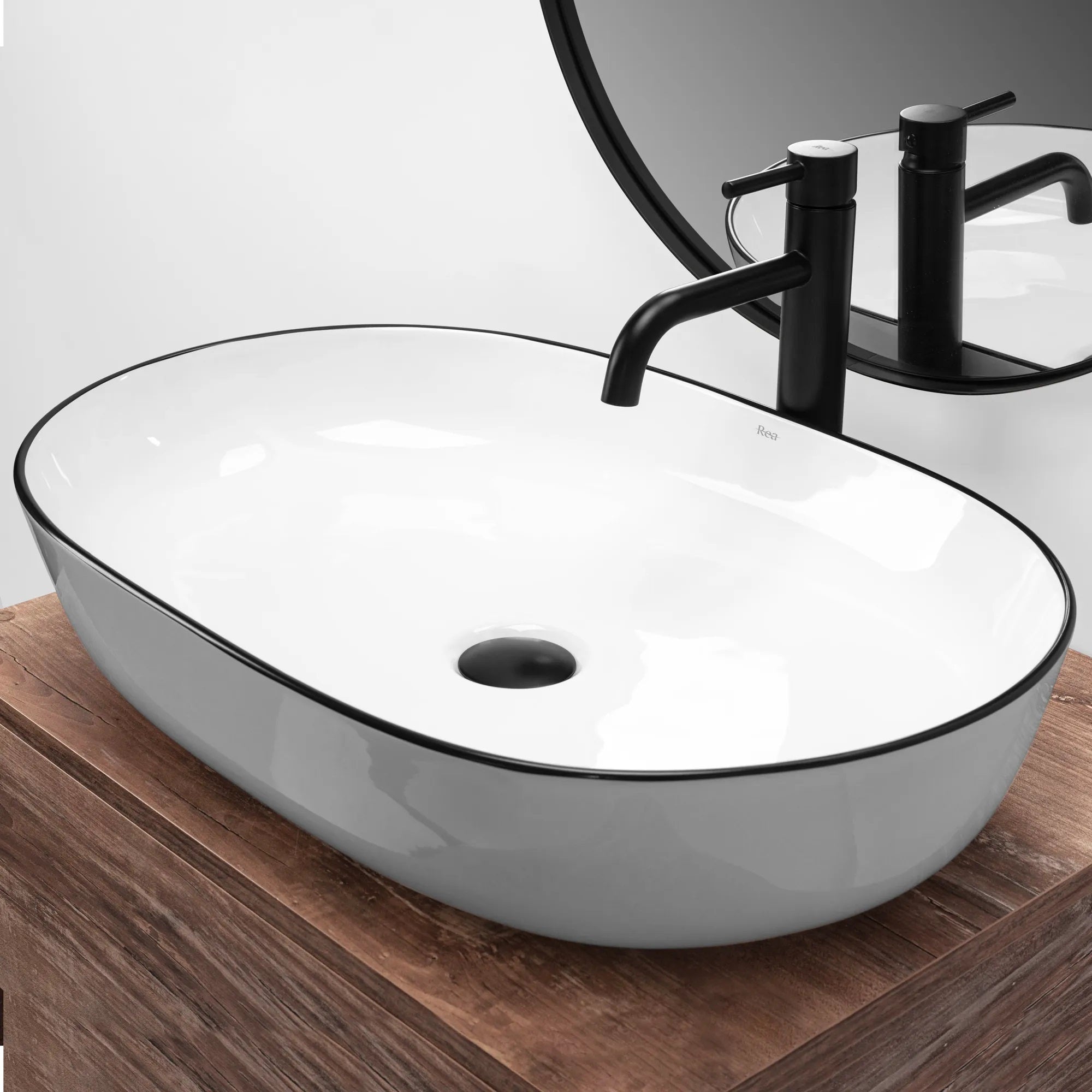 Умивалник за плот Cleo White Black Edge 60х41 см. - снежнобял порцеланов умивалник с черен кант, монтаж върху плот, онлайн магазин KERANOVA