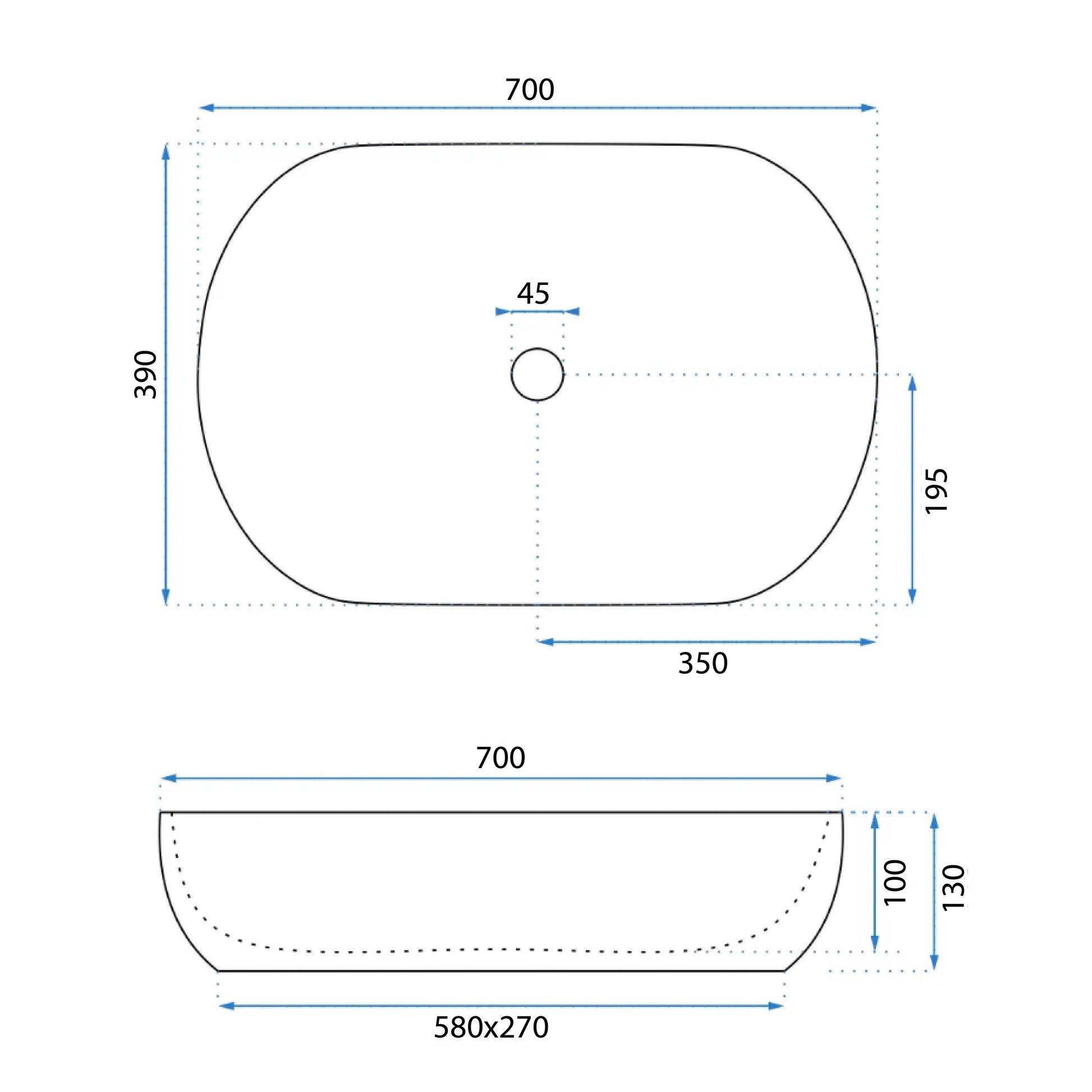 Умивалник за плот Cleo 71 70х39 см. — технически чертеж с размери 700x390 мм, диаметър отвор 45 мм, монтаж върху плот, KERANOVA онлайн магазин