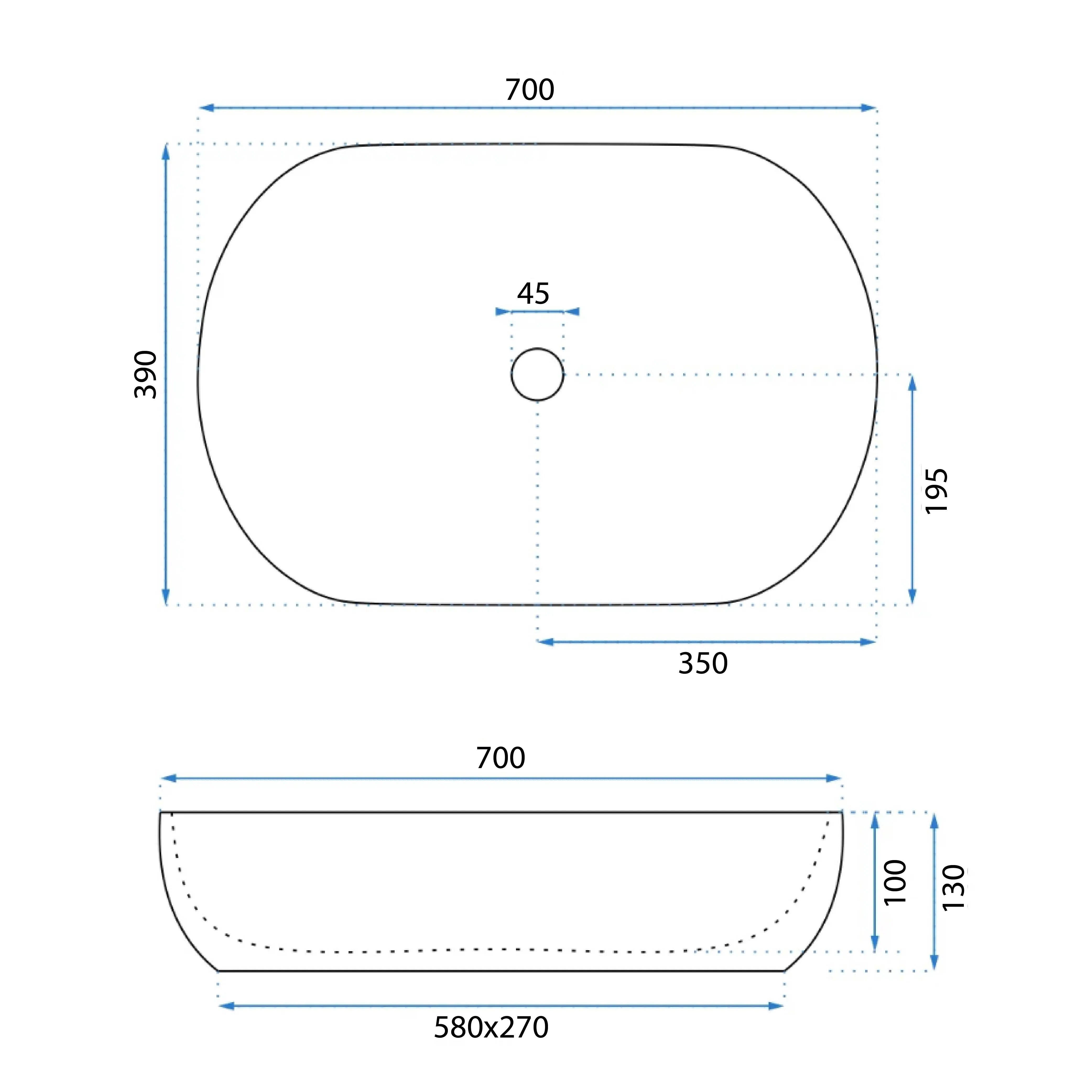 Умивалник за плот Cleo 71 70х39 см. — технически чертеж с размери 700x390 мм, диаметър отвор 45 мм, монтаж върху плот, KERANOVA онлайн магазин