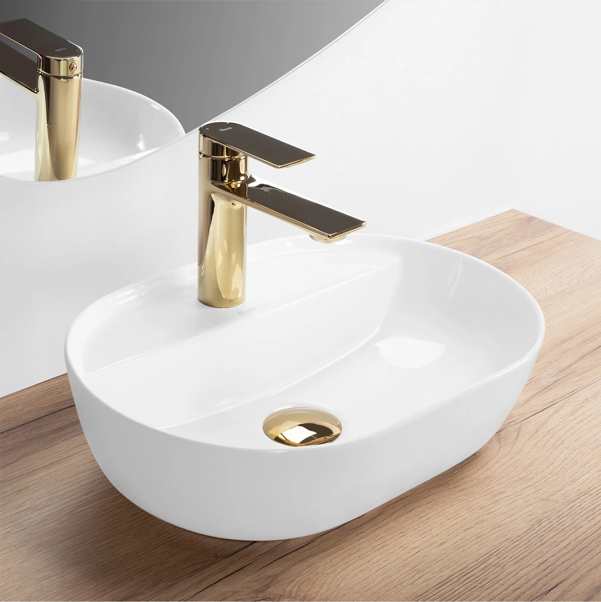 Alt Tag: Умивалник за плот Aura 42x30 см. снежнобял санитарен порцеланов умивалник за плот с златист смесител - онлайн магазин за обзавеждане за бани KERANOVA