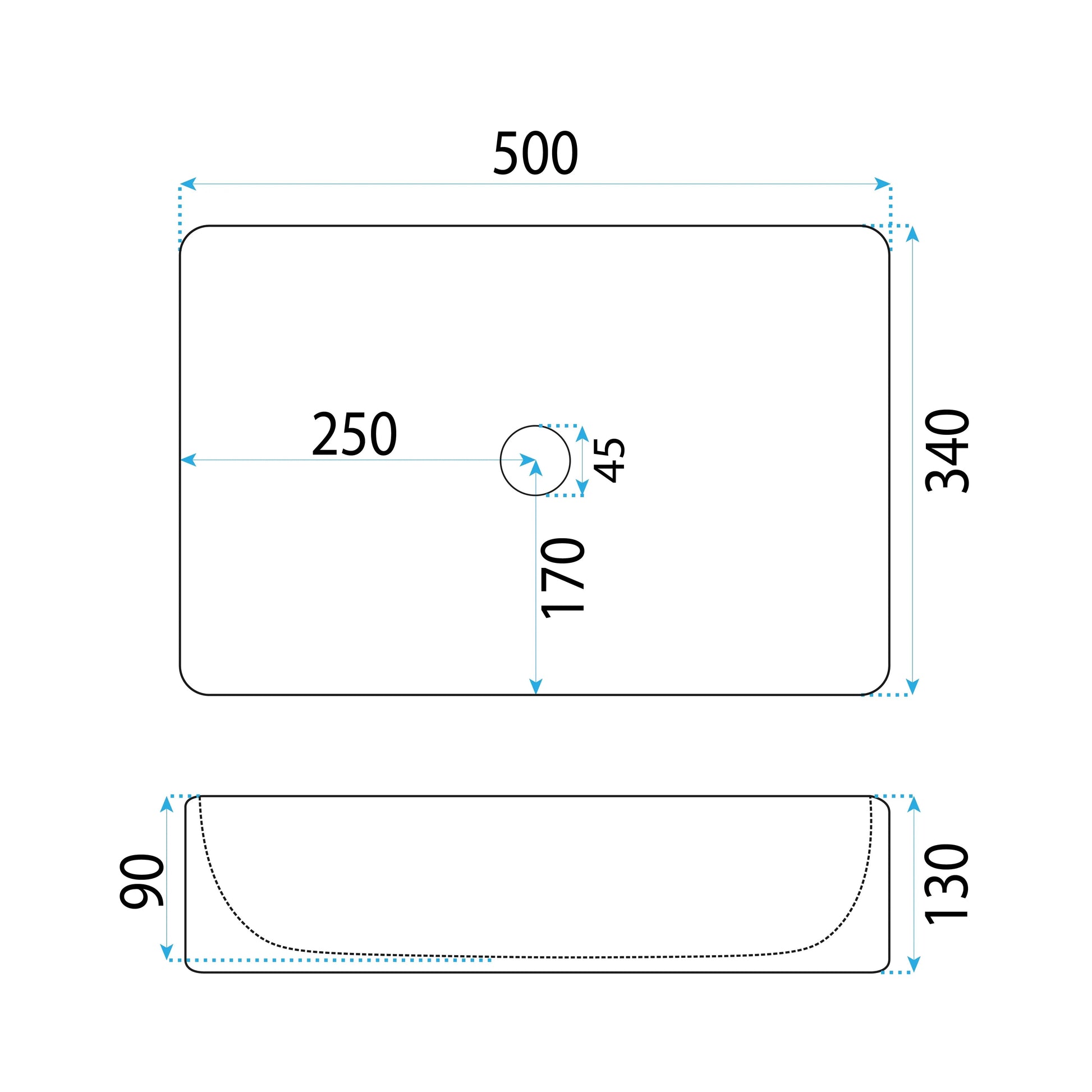 Умивалник за плот Fiorella 50х34 см. бял тънкостенен порцеланов умивалник за монтаж върху плот, схема с размери 500x340 мм
