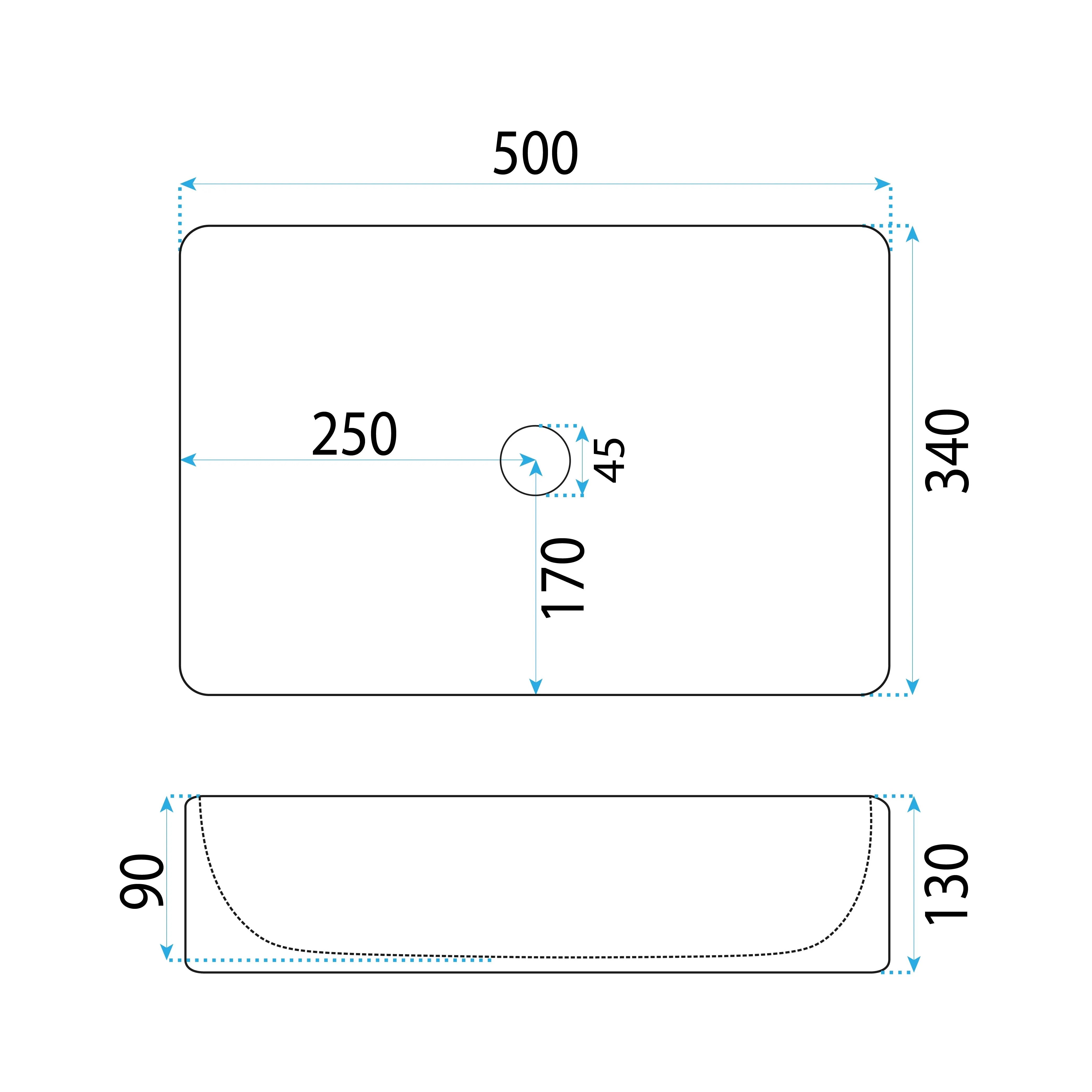 Умивалник за плот Fiorella 50х34 см. бял тънкостенен порцеланов умивалник за монтаж върху плот, схема с размери 500x340 мм