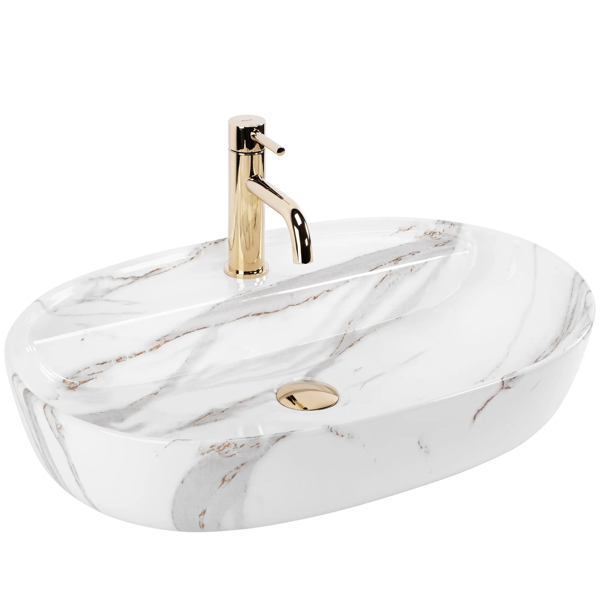 Умивалник за плот Aura 61 Shiny Aiax 61х41 см. - порцеланов умивалник с бял мраморен декор и златист смесител, онлайн магазин KERANOVA