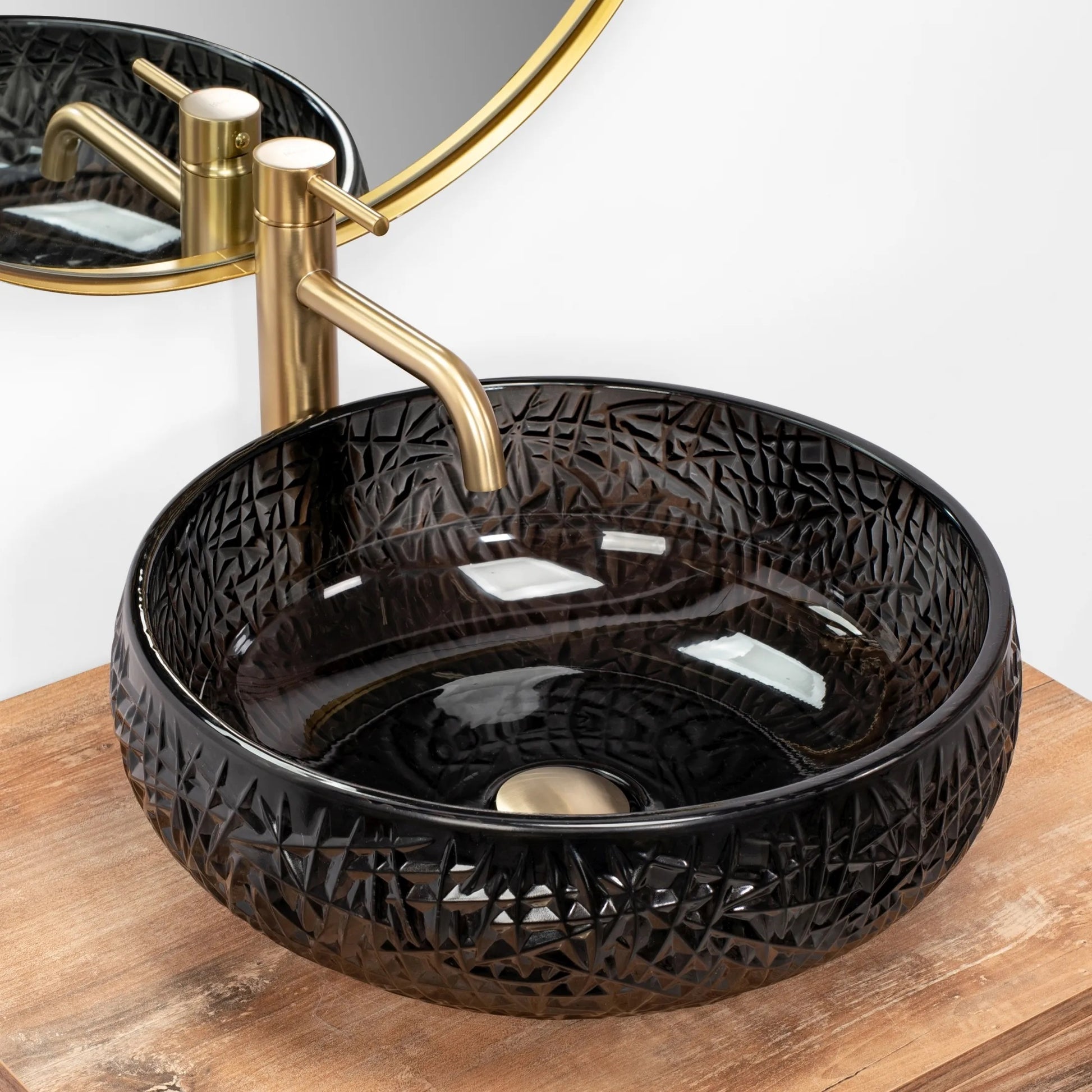 Стъклена мивка за плот Ice Black Ф42 см. дизайнерска стъклена купа за баня, черна текстурирана повърхност, онлайн магазин KERANOVA