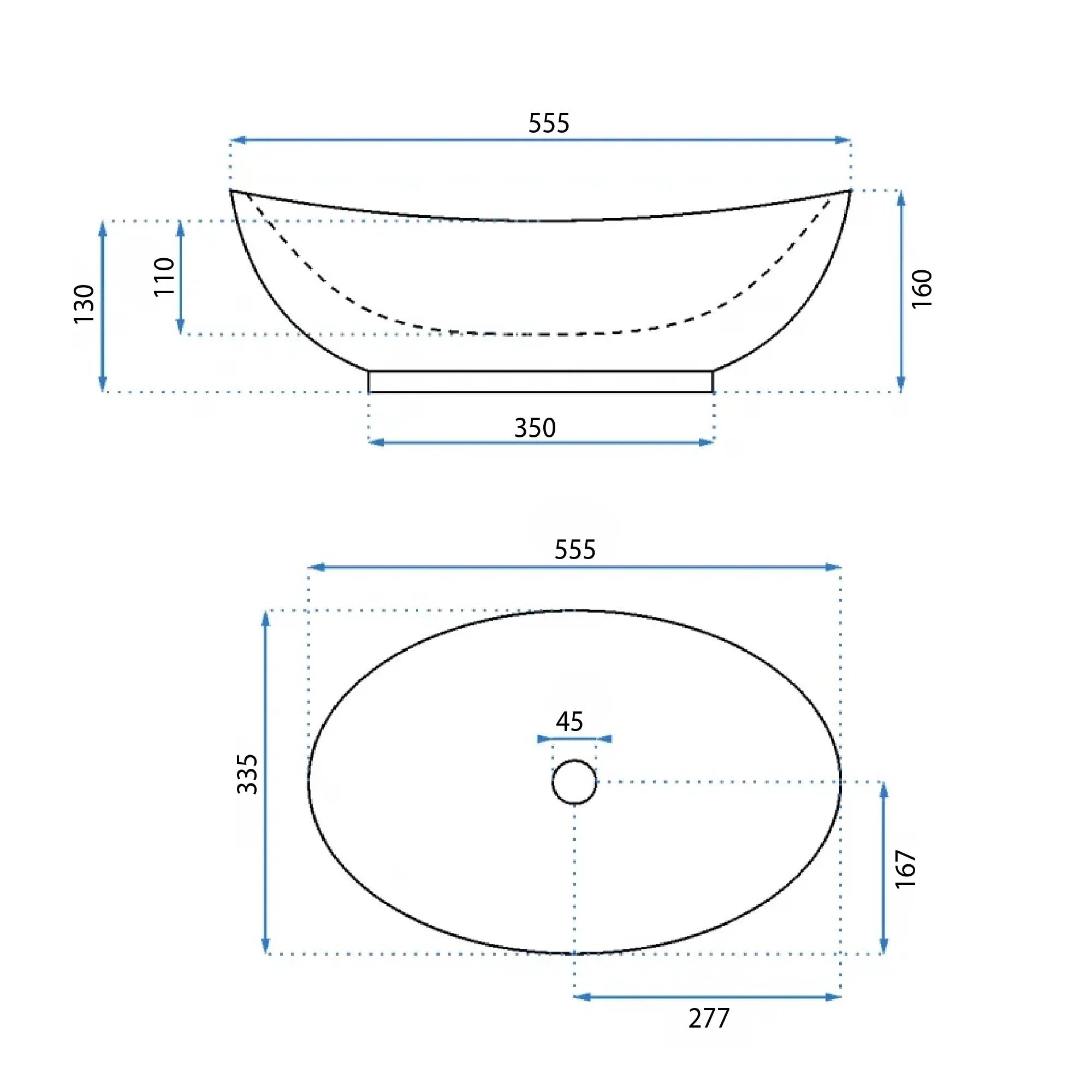 Умивалник за плот Kate 56х34 см. - снежнобял мивка за монтаж върху плот, размери 555x335x160 мм, онлайн магазин за обзавеждане за бани KERANOVA