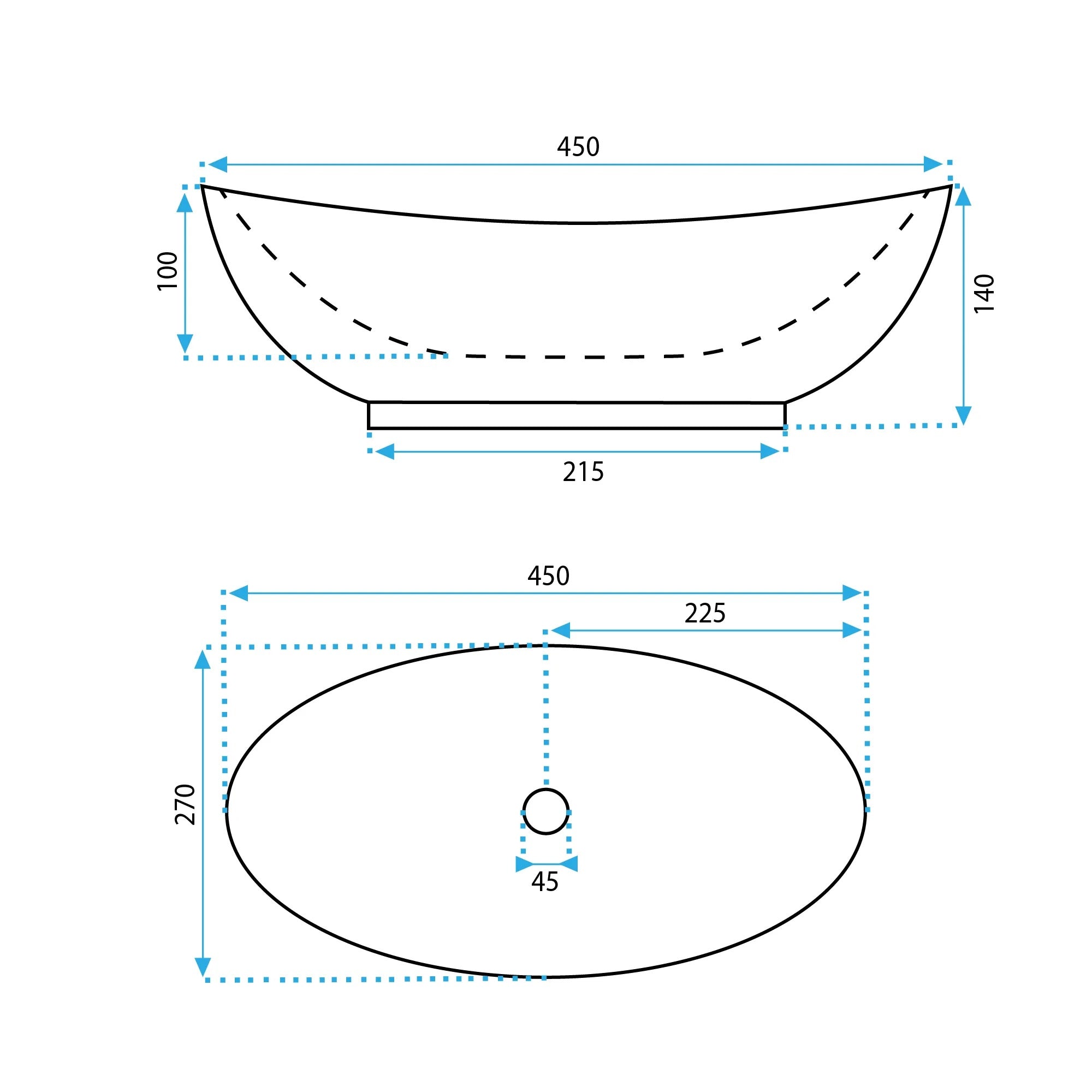 Умивалник за плот Kate 45х27 см. – схема с размери 45x27x14 см, отвор 45 мм, монтаж върху плот, онлайн магазин KERANOVA