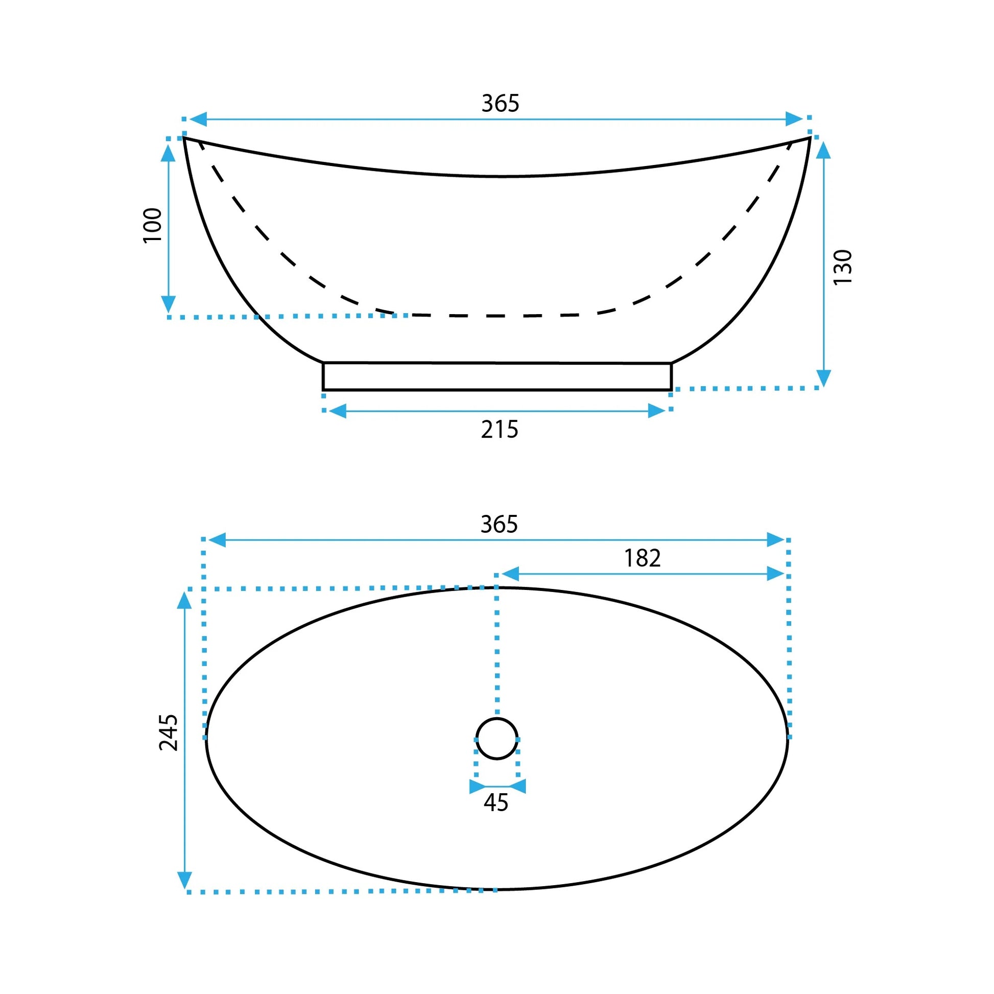 Умивалник за плот Kate 37х25 см. - схема с размери 365x245x130 мм, отвърстие Ø45 мм, за онлайн магазин KERANOVA