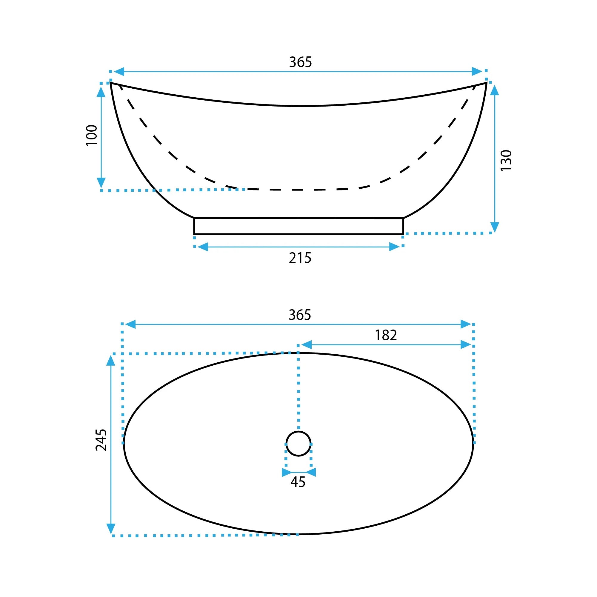 Умивалник за плот Kate 37х25 см. - схема с размери 365x245x130 мм, отвърстие Ø45 мм, за онлайн магазин KERANOVA