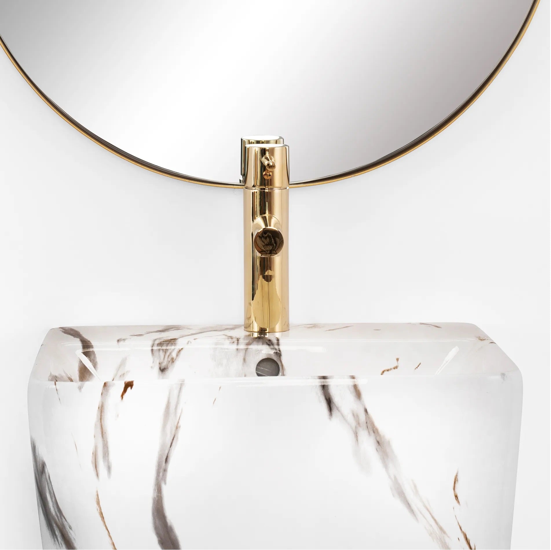 Свободностояща мивка Aris Marble 44х37,5 см. бяла мраморна мивка с постамент и златист смесител за баня - онлайн магазин KERANOVA