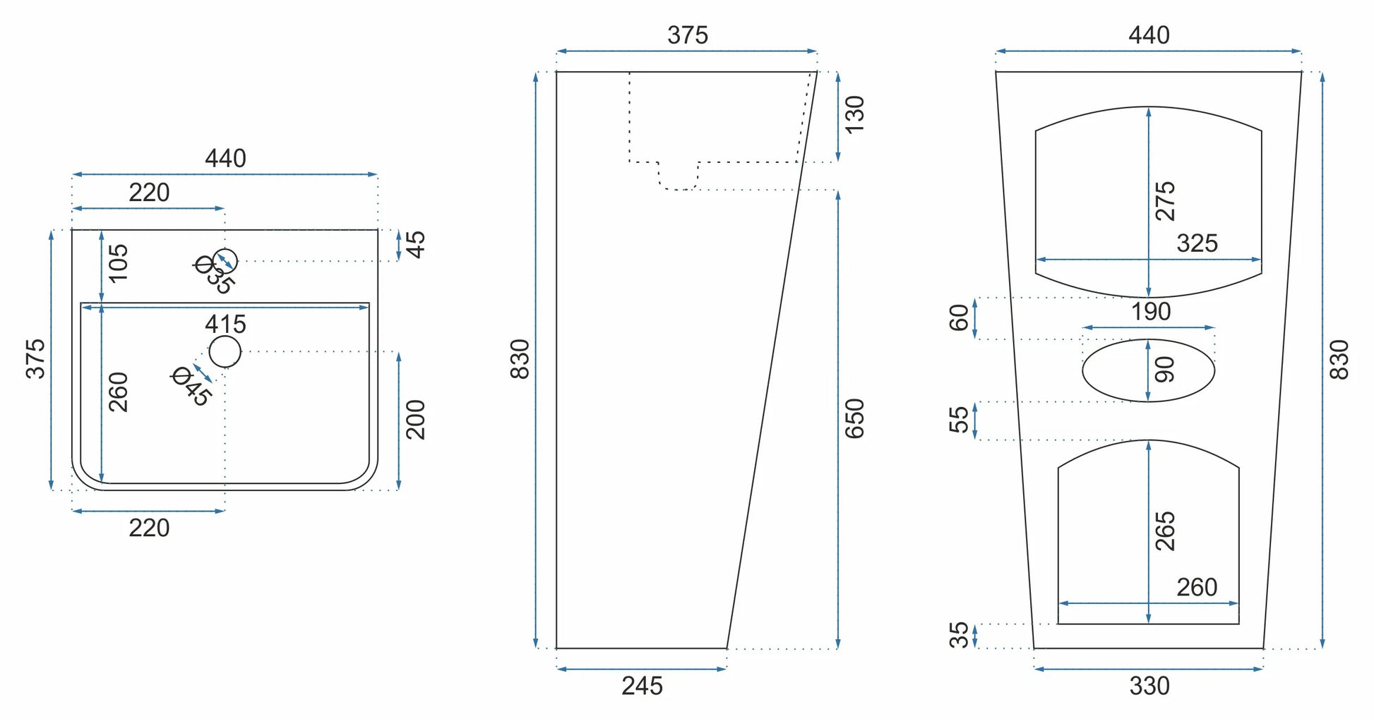 Свободностояща мивка Aris Marble 44х37,5 см. технически чертеж със размери и отвори, онлайн магазин за обзавеждане за бани KERANOVA
