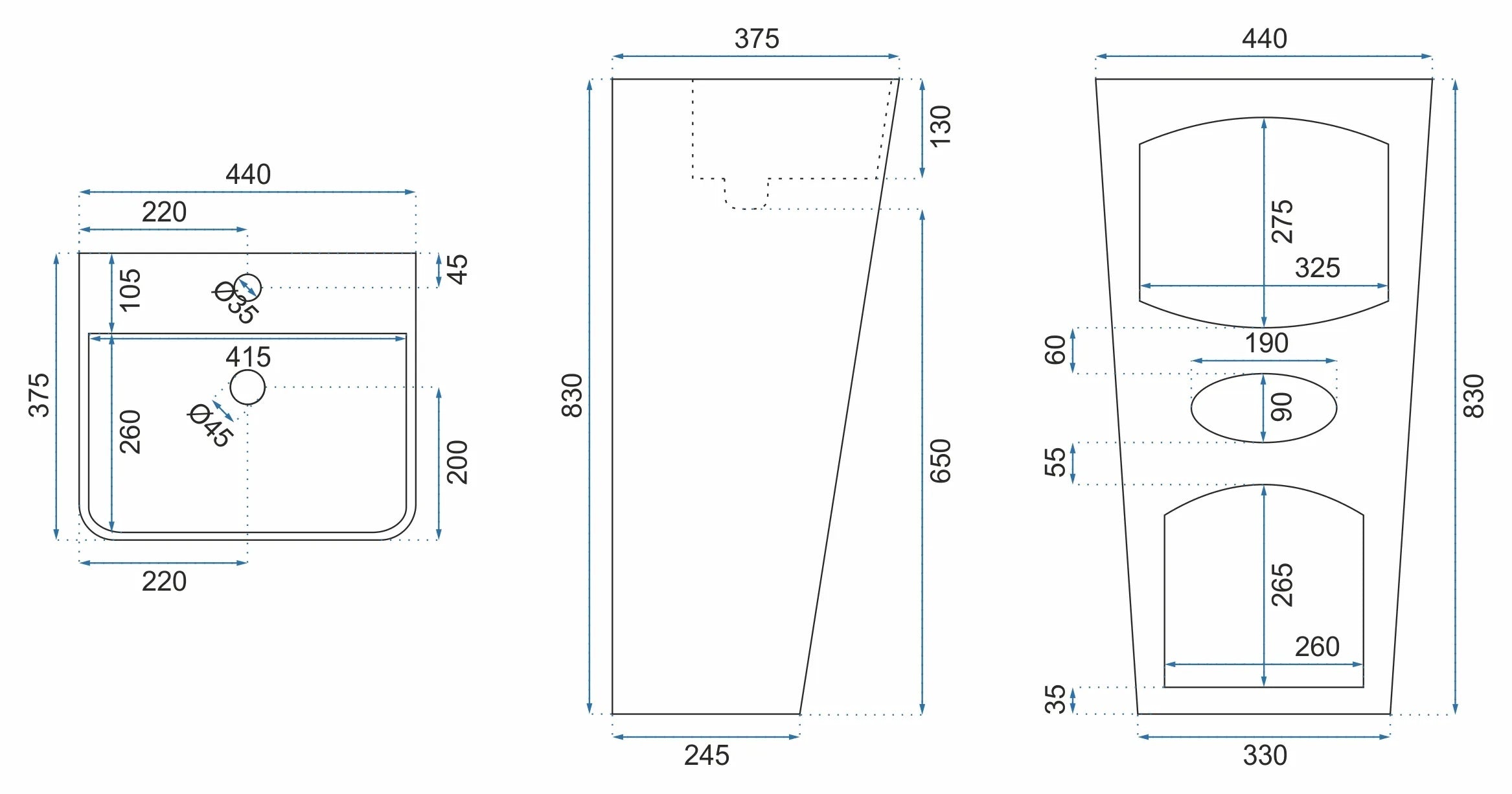 Свободностояща мивка Aris Marble 44х37,5 см. технически чертеж със размери и отвори, онлайн магазин за обзавеждане за бани KERANOVA