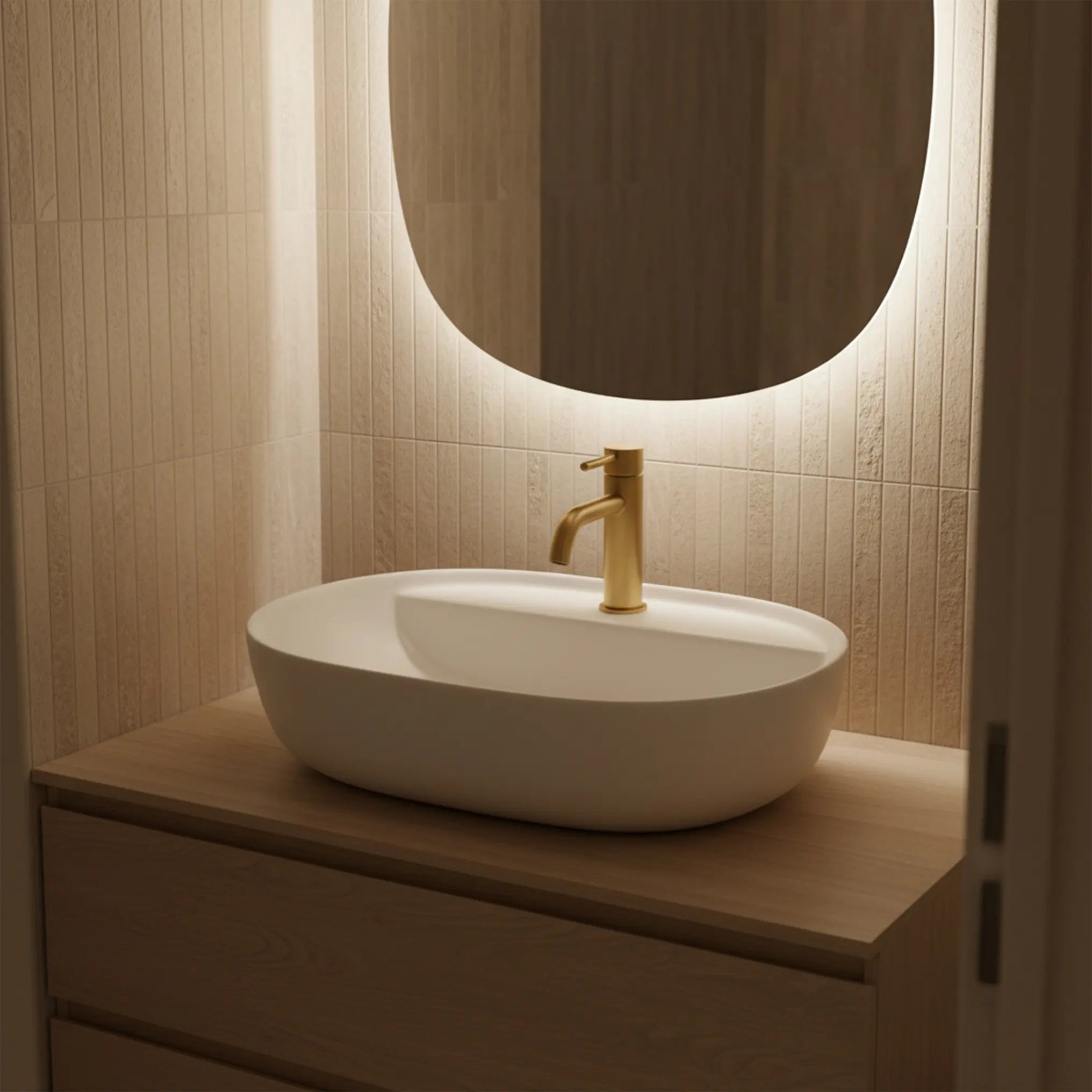 Умивалник за плот Aura 51 White Matt - бял мат, мивка за баня върху плот със смесител за баня и мебели за баня