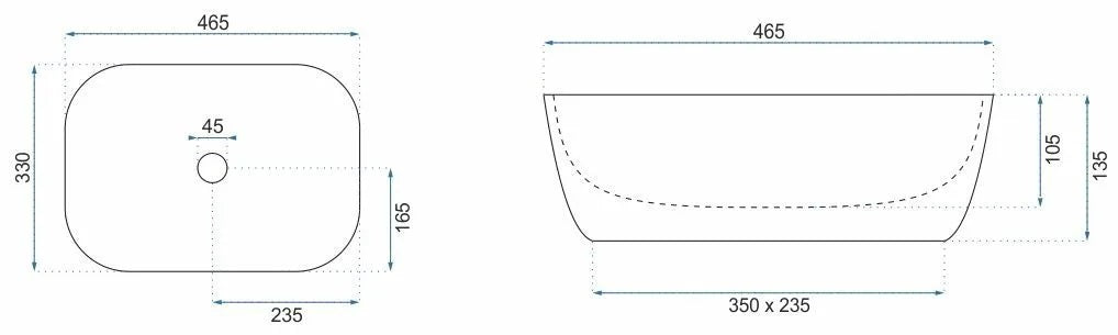 Умивалник за плот Belinda White Gold Brush 46,5х33 см. — схема с размери и монтажни отвори за плот, онлайн магазин KERANOVA