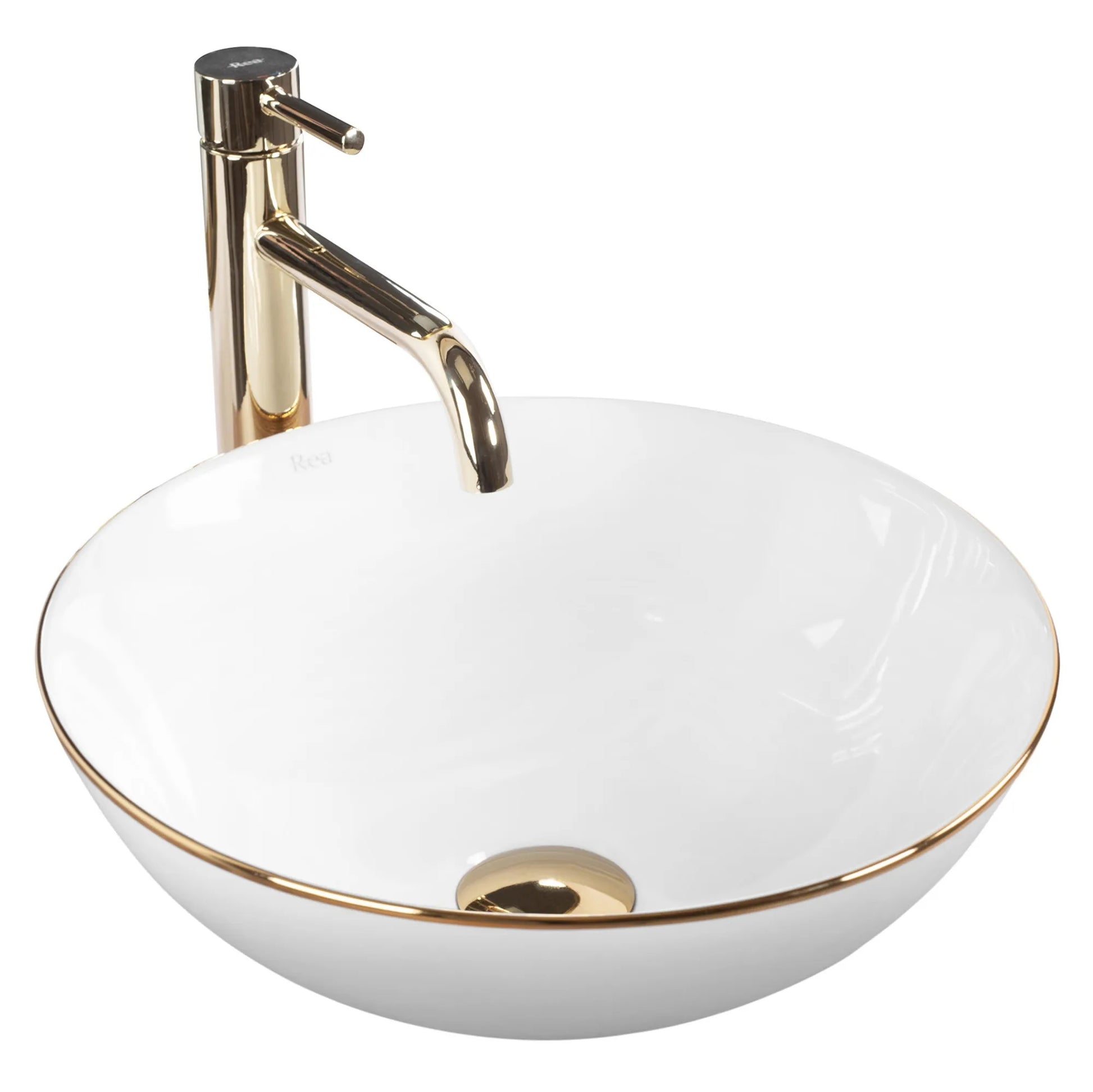 Умивалник за плот Stella White Gold Edge Ф35,5 см. - снежнобял порцеланов плотен умивалник със златен кант за баня, онлайн магазин KERANOVA