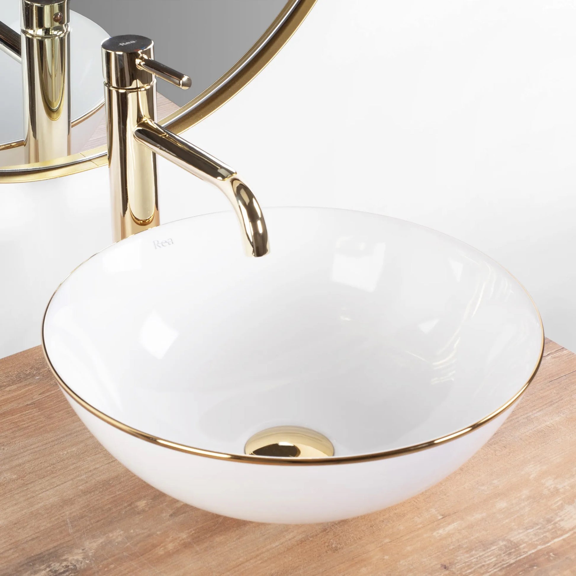 Умивалник за плот Stella White Gold Edge Ф35,5 см. - снежнобял порцеланов умивалник с тънък силует и златен кант, за монтаж върху плот, KERANOVA