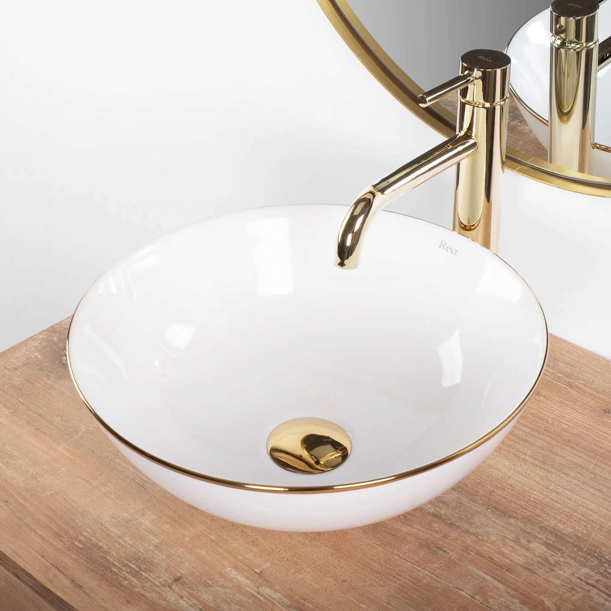 Умивалник за плот Stella White Gold Edge Ф35,5 см. снежнобял порцеланов умивалник с тънки стени и златен кант, монтаж върху плот - KERANOVA