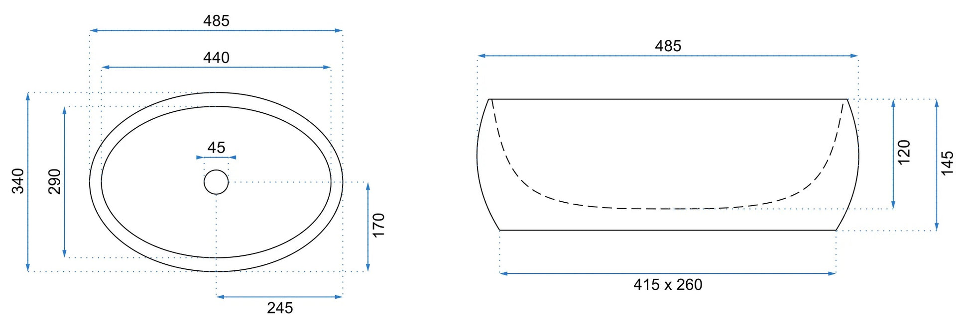 Умивалник за плот Linda Lava Mat 49х34 см. технически чертеж с размери и монтажни отвори за онлайн магазин KERANOVA