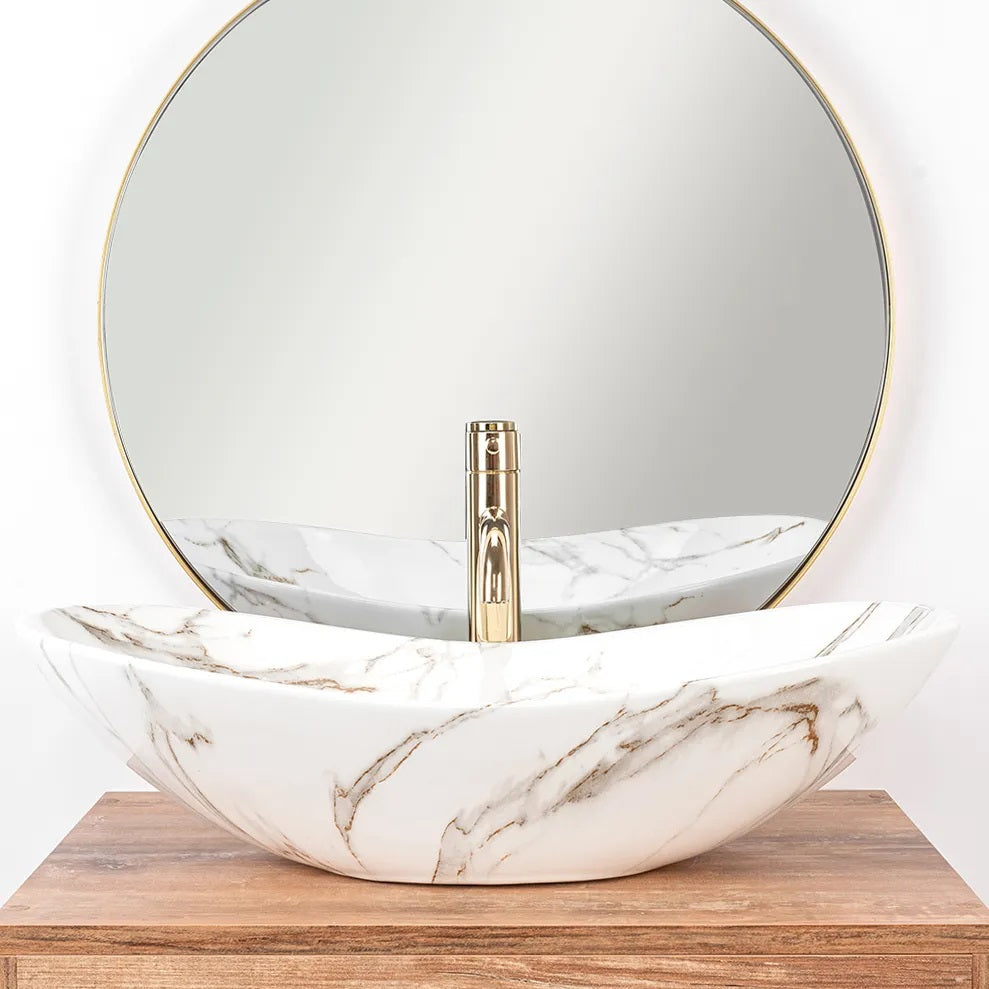 Умивалник за плот Royal Lava 60х36 см. дизайнерски бял гланцов умивалник с декор естествен камък за онлайн магазин KERANOVA